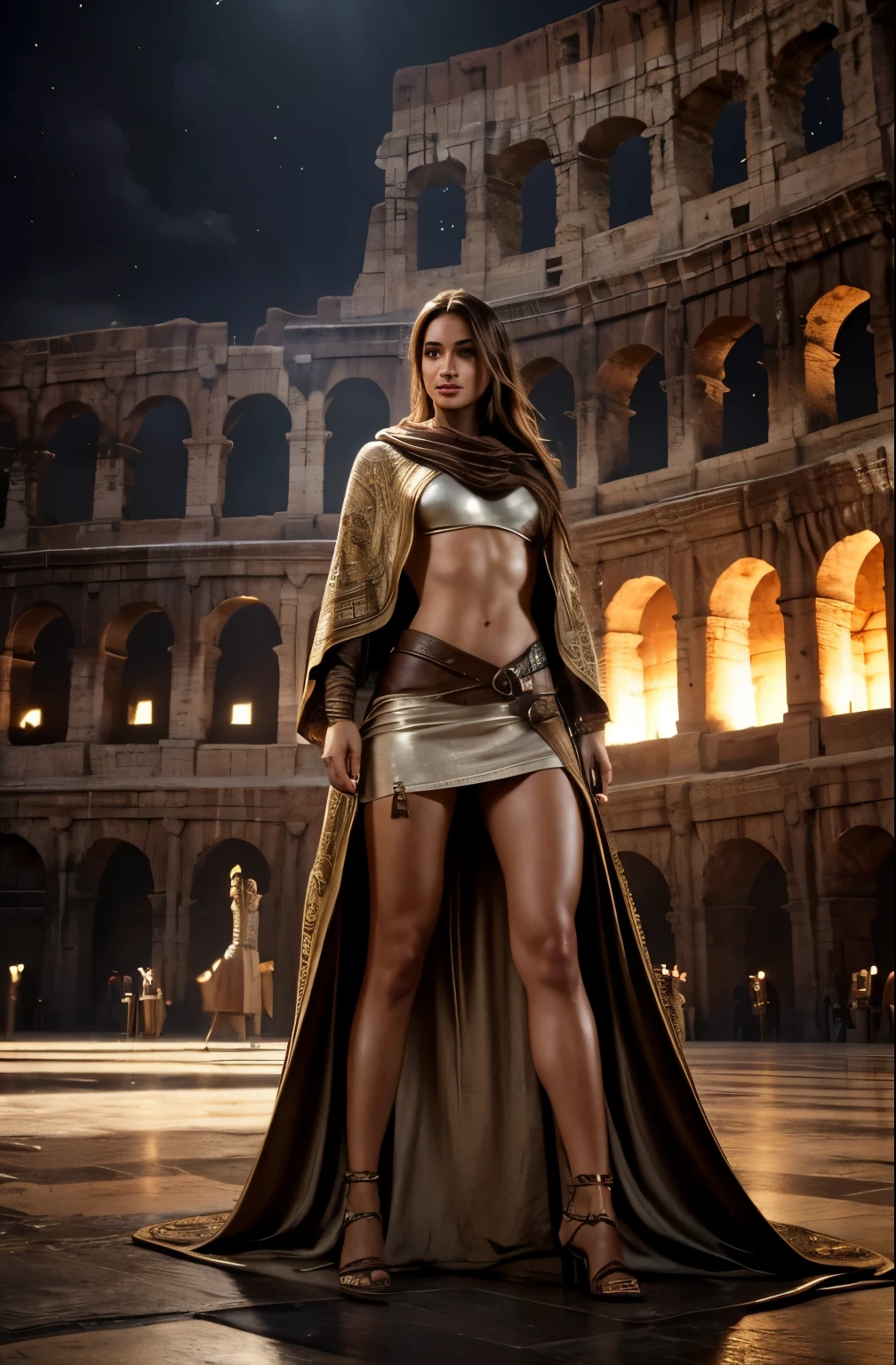 (best quality,highres,masterpiece:1.2),medieval setting,Lara Croft beaming in the colosseum, wearing a sexy medieval white Bedouin desert kaftan (robe) over a short leather skirt, (detailed,beautiful) eyes twinkling with excitement. She stands in a vibrant crowd, cheering and applauding. The setting is (filled with grandeur,majestic), with towering stone pillars and an intricate mosaic floor (with elaborate patterns). The atmosphere is (charged,electrifying), as the echoing roars of the people reverberate through the colossal structure. The scene depicts a moment of triumph, as Lara basks in the glory of her victory. The lighting is (dramatic,shadowy), casting long (mysterious,dramatic) shadows on the arena's floor. The color palette is (rich,vibrant), accentuating the opulence of the setting.