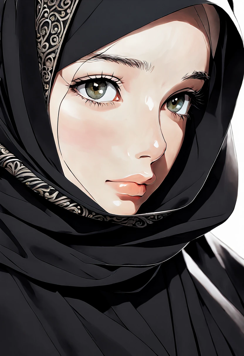 Develop an intricately detailed anime-inspired artwork featuring a close-up of a 24-year-old woman's face, her unadorned eyes gazing out with an uncanny realism. The fine lines and wrinkles around her eyes are rendered with precision, while the subtle nuances of her expression convey a depth of emotion rarely seen in art. She wears a black Abaya and Khimar Hijab, the fabric's texture so finely rendered that it appears to have a life of its own.