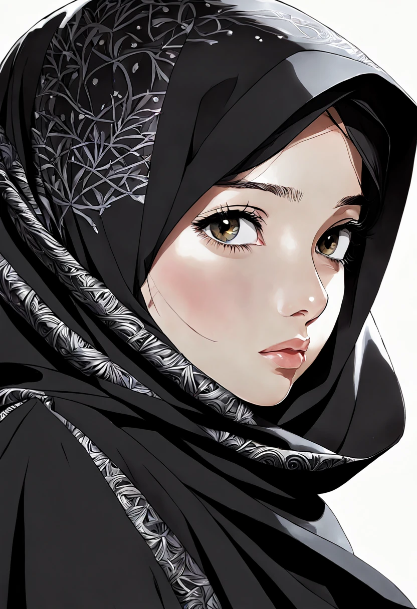 Develop an intricately detailed anime-inspired artwork featuring a close-up of a 24-year-old woman's face, her unadorned eyes gazing out with an uncanny realism. The fine lines and wrinkles around her eyes are rendered with precision, while the subtle nuances of her expression convey a depth of emotion rarely seen in art. She wears a black Abaya and Khimar Hijab, the fabric's texture so finely rendered that it appears to have a life of its own.