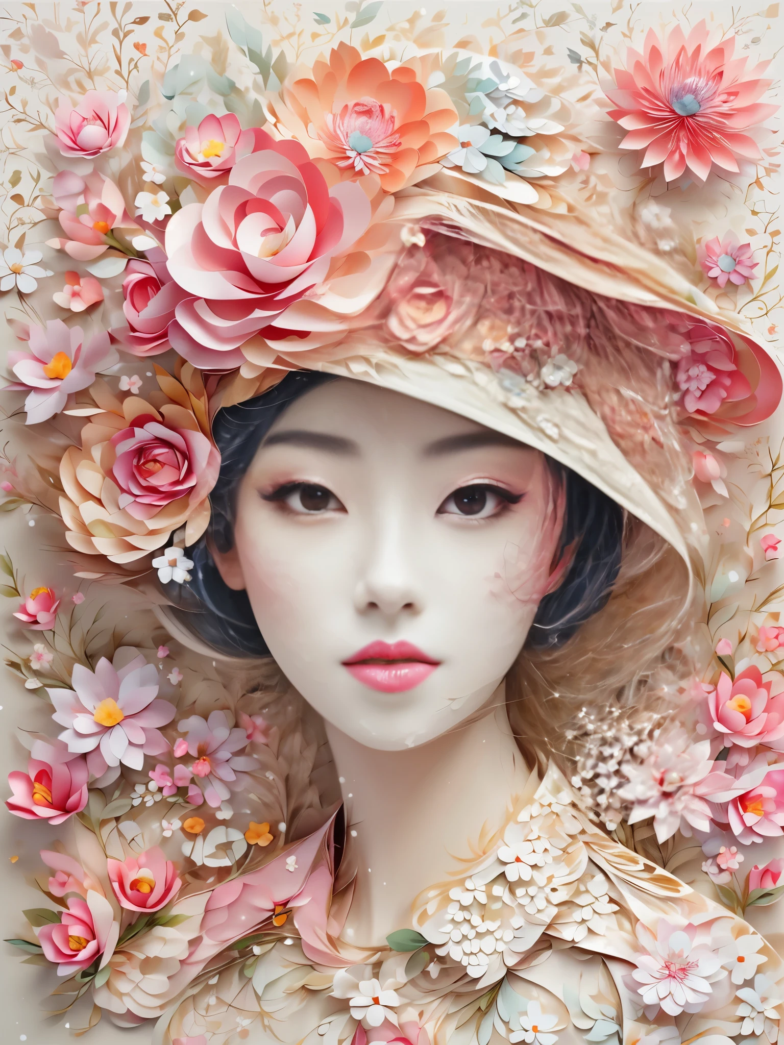(((paper art,Decoupage,)))There is a woman wearing a paper hat and paper flowers, Beautiful digital art work, complex wlop, Pop Japaneseism 3D Super Detailed, complex numbers, layered paper art, Detailed digital 3D art, Lovely and detailed digital art, dreaming face, paper art, Lying in Baiyun Wonderland, , Beautiful digital illustrations, Gorgeous digital art