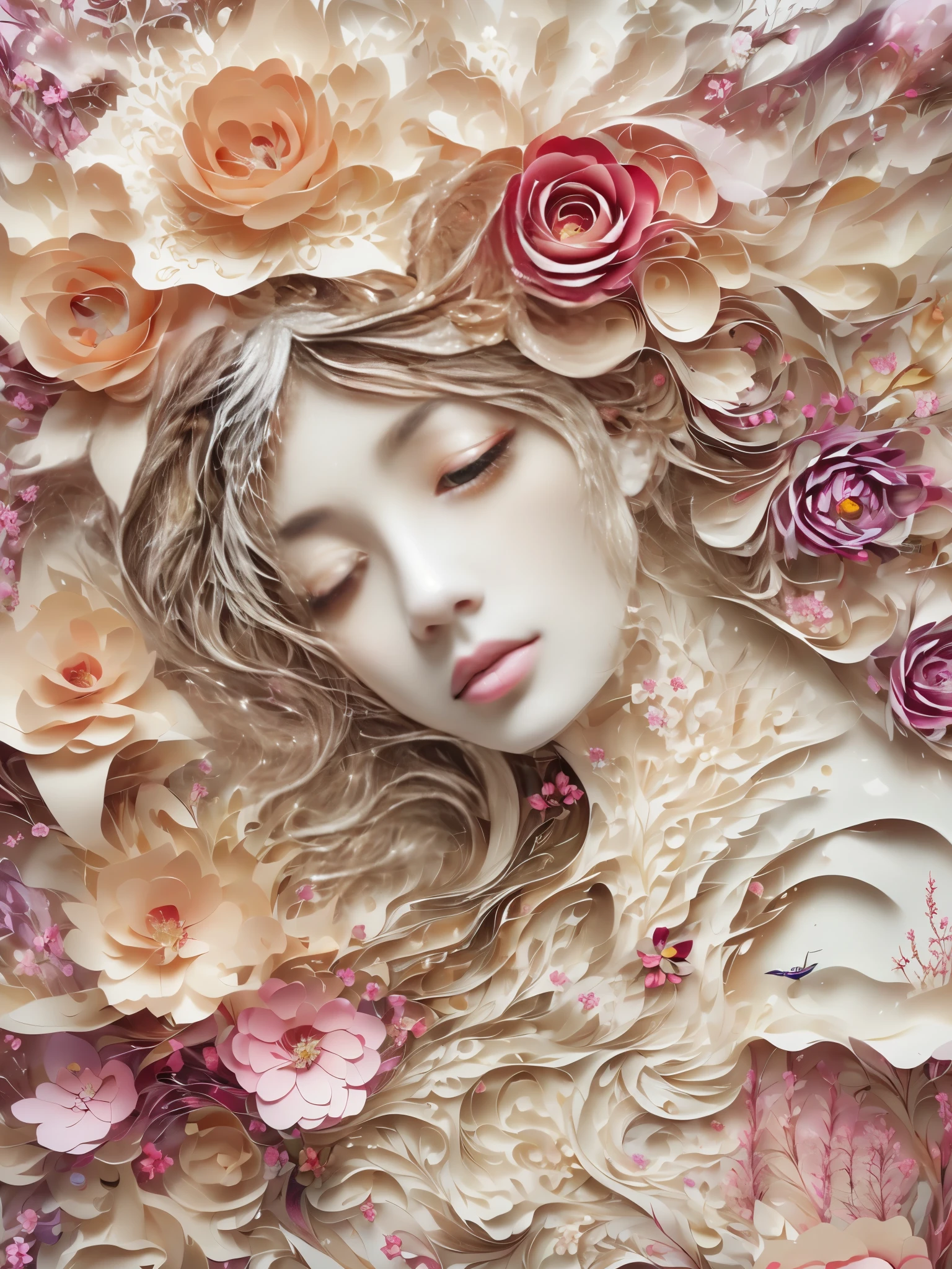 （（（paper art，Decoupage，）））There is a woman wearing a paper hat and paper flowers, Beautiful digital art work, complex wlop, Pop Japaneseism 3D Super Detailed, complex numbers, layered paper art, Detailed digital 3D art, Lovely and detailed digital art, dreaming face, paper art, Lying in Baiyun Wonderland, , Beautiful digital illustrations, Gorgeous digital art