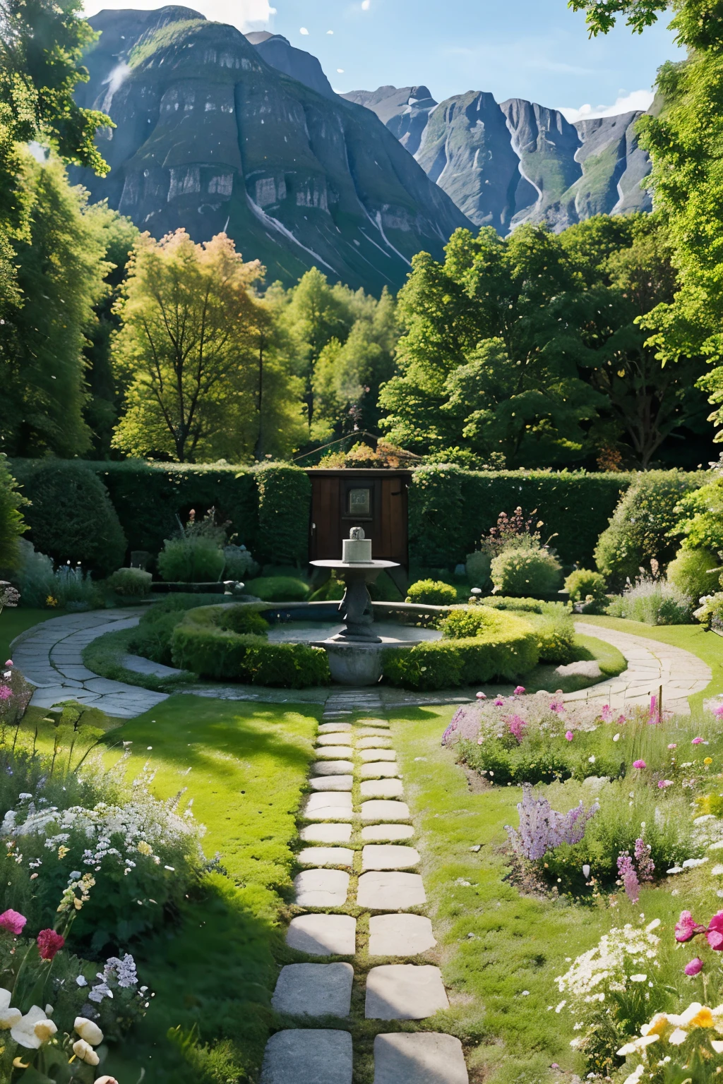 a cozy garden on spring season on a sunny morning, with buttleflies and birds, beatyfull lakes fjordes from Norway
