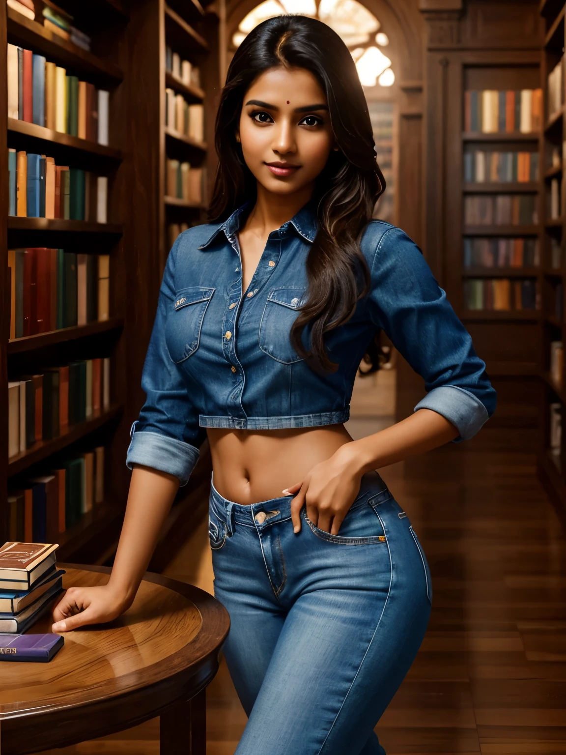 a beautiful gorgeous brown Tamil girl, sleek chick, slender feminine, shy smirks, wearing denim shirts, sports pants, shoes, ornaments, exotic poses, round deep navel, inside a royal book shop, in the evening, cinematic effects, tables, chairs, books, flower vases, shelves, people in the background, ((yocto-pixel detailing of face & eyes & anatomy &background)), isometric view, eye level shot, wide angle, HDR, 64k, hyper realistic face detailing, ultrarealistic photography, photorealistic, photorealism, zeta pixel image