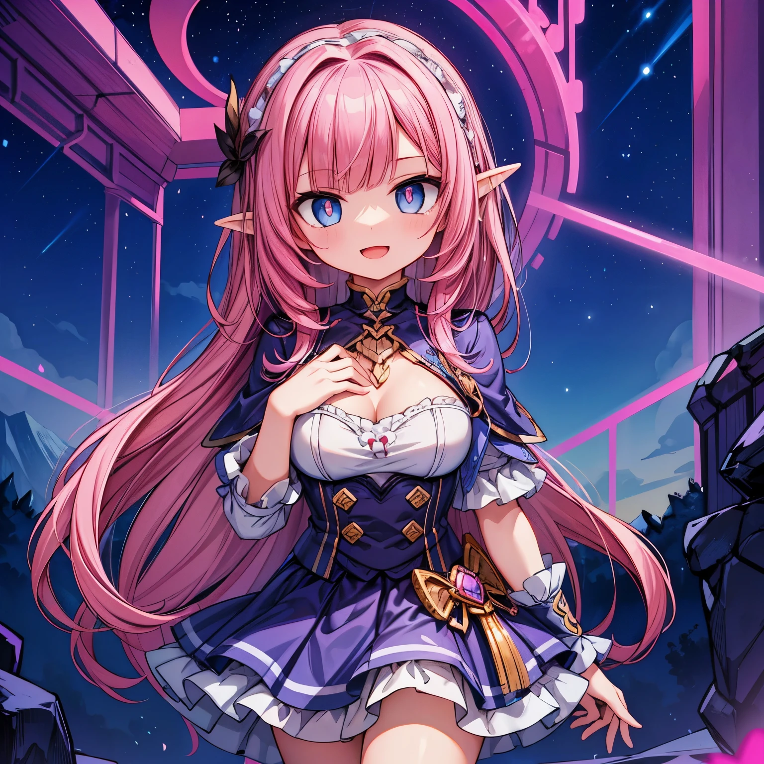 a girl,best picture quality,Moody light,Long pink hair,shirt,lace headband,blue skirt,with a smile,Blue-pink pupils,Elf-like ears,Collapse(series),High in the mountains,under the stars,(masterpiece),best details,exquisite light,wave,for the audience,Cool colors,Vivid pupils,masterpiece,Bangs,Chest:d