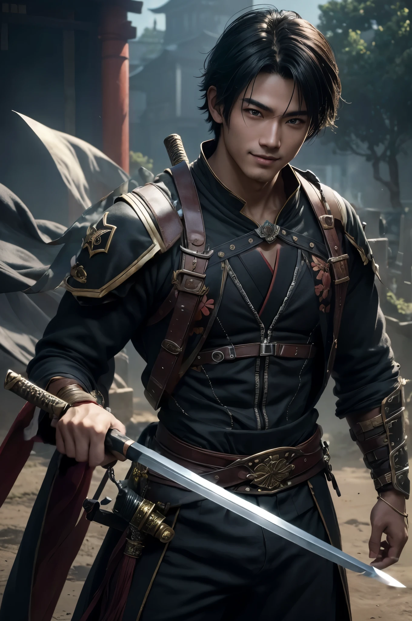 There are Japan young men, Super handsome young Japan man,Soldier costumes and pants,Has a very large Japan sword,Short-haired black hair,3 d render character art 8 k, wojtek fus, fantasy style 8 k octane render, ross tran 8 k, By Shinkai Makoto ( Apex Legends ), amazing 8k character concept art, badass anime 8 K, artwork in the style of guweiz, trending on artstation 4k,in woods,