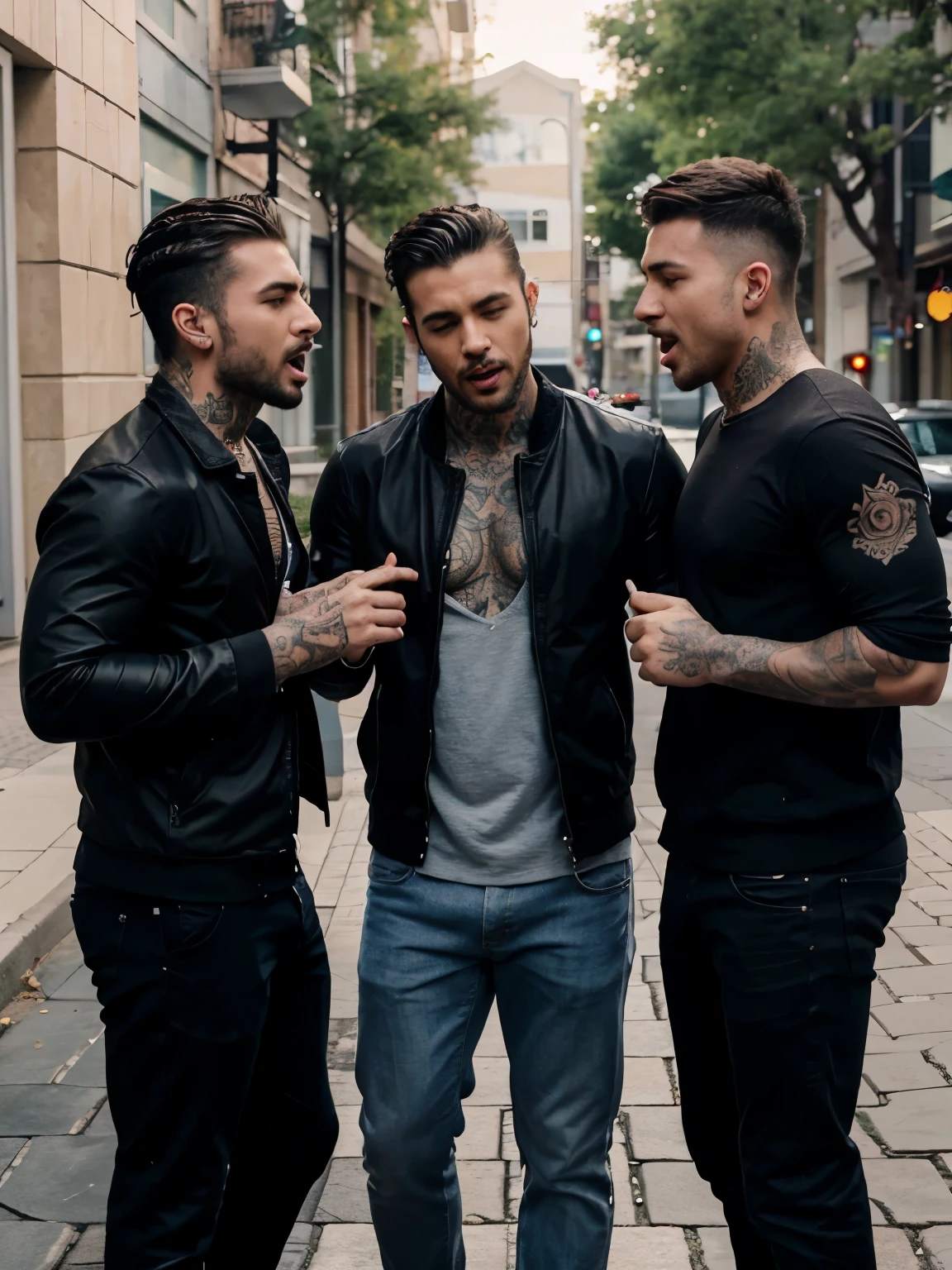 3 tattooed handsome guys singing together on a sidewalk