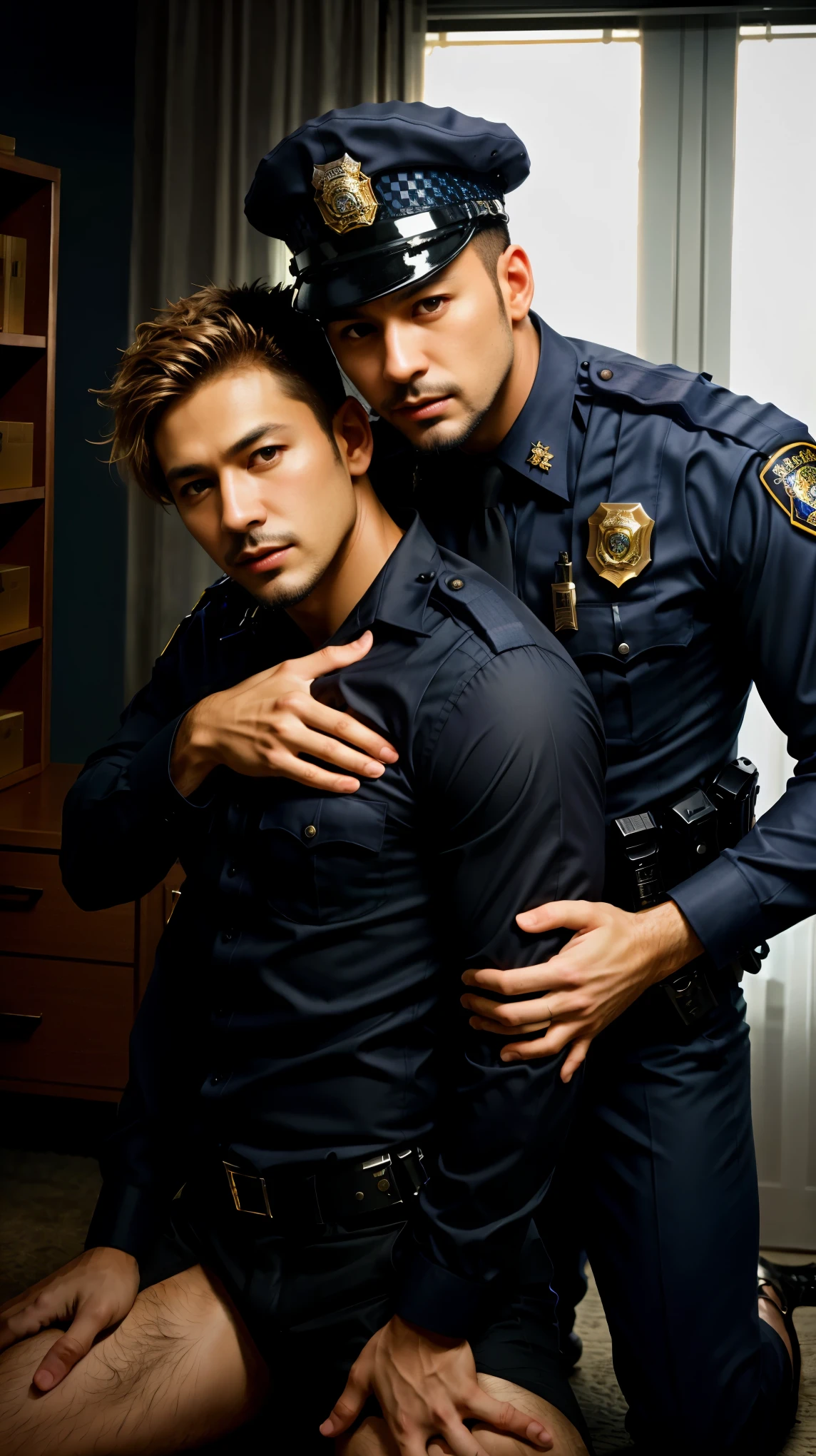 masterpiece, best quality, high resolution, closeup portrait, male focus,  police officer and male criminal, police officer is touching criminals bare ass from behind, erotic and sensual touching, causcasian,  gay, two men, two man touching, detailed face, 25 years old men, one guys standing another is kneeling in front of him, one police officer and one criminal, in unbuttoned police uniform, two men in office, cops, police, hands touching bare body, foreplay, policeman, blonde bleached hair, messy hairstyle, cute and seductive face, bare chest, body hair, facial hair, roman nose, very skinny body, hairy legs, dimples, goatee, beard, bold jawline , in the background a dark room, soft light, amazing composition, HDR, ultra quality, elegant, highly detailed