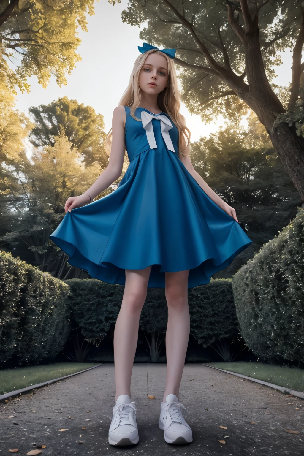 masterpiece, best quality, hyperrealistic, cinematic photo, 12 year old girl, pale skin, American amazing slim body, Blue dress, white sneakers, long blonde wavy hair, blue ribbon on head, perfect slender legs, perfect hands, beautiful face, perfect face, youthful, (blured background), modern style, from below, (low-angle shoot), low_angle_human, towering, (full body shot), standing, leaning, underneath shot, (view viewer), looking at viewer,(8k, epic composition, photorealistic, sharp focus), sophisticated background, Outside a mansion surrounded by trees, DSLR, foil grain, backlight