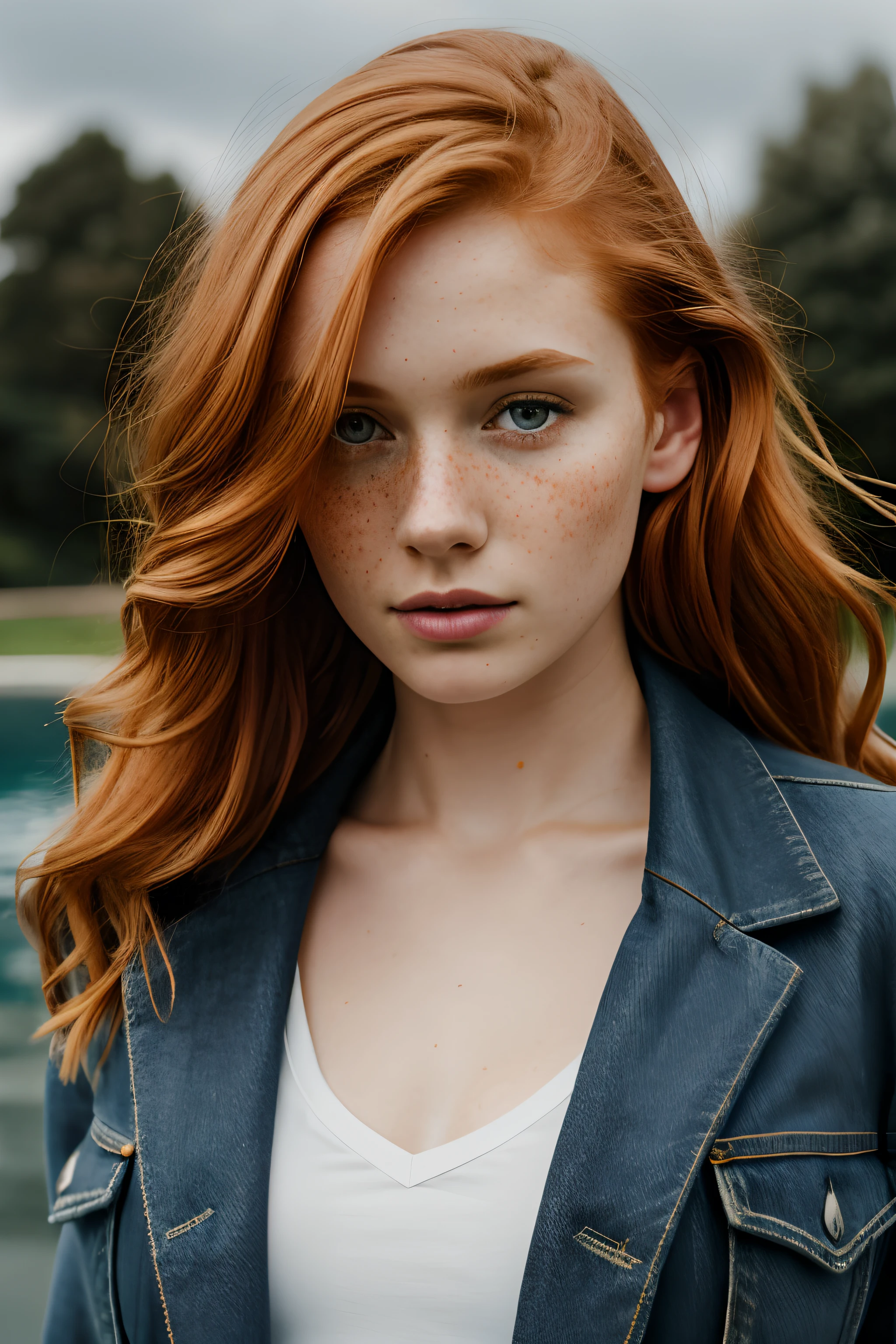 1 garota em, 19 anos, Sozinho, Aesthetic art, ruiva irlandesa, cabelo ruivo ondulado, cabelo ruivo na altura dos ombros, (olhos cinzentos), olhos cinza claro, algumas pequenas sardas, pale skin, um copo, Seios pequenos, corpo de corredor, textura detalhada da pele, em um parque da cidade, parado perto de uma fonte, fechar-se, olhando para o espectador, (papel de parede 8k extremamente detalhado), soft lighting, alta qualidade, film grain, Sharp focus Fujifilm XT3, f5.6, 50mm, Alto detalhe, sharp focus,(luz natural), (wearing a navy blue khaki jacket), khaki jacket, (vestindo jeans desbotados), Detalhes malucos, detalhes complexos, hiper detalhado