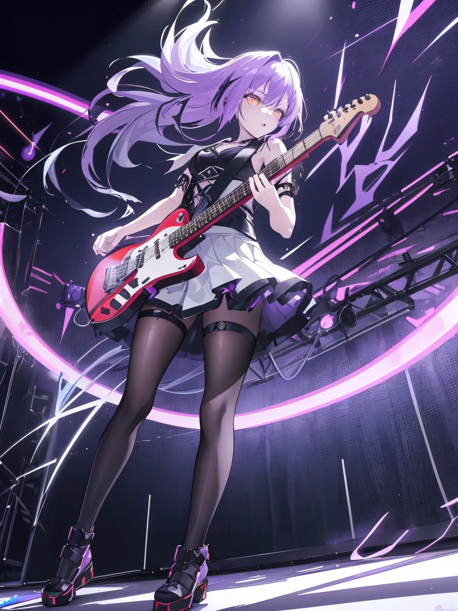 Create an image of a young girl with an intense and passionate expression, fiercely playing an electric guitar. She has wild, flowing hair that seems to move with the energy of her performance. The girl is standing on a stage with dramatic lighting that casts dynamic shadows, highlighting the motion and emotion of the moment. Her outfit is edgy and reflects a rock and roll vibe, complete with leather and metal accents. The electric guitar she's playing is a striking, vivid color, contrasting with the darker background of the stage. Sparks and light streaks emanate from the guitar, visualizing the powerful sound waves and the electrifying atmosphere of the live performance. The scene is vibrant, full of motion, and captures the essence of a rock concert.Full body