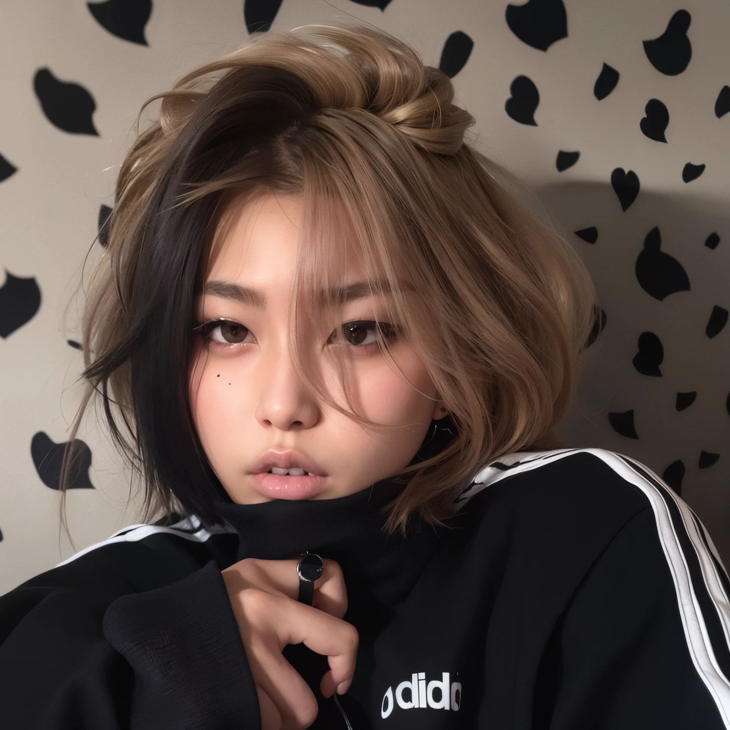 Mujer arafed con una chaqueta negra y un papel tapiz con estampado de vaca en blanco y negro., con pelo corto, cruel korean gothic girl, portrait of jossi de blackpink, 🤤 girl portrait, imagen de perfil, ella lleva ropa de calle, ulzzang, pelo corto y desordenado, con pelo corto with bangs, jossi de blackpink, pelo negro desordenado, con cara redonda
