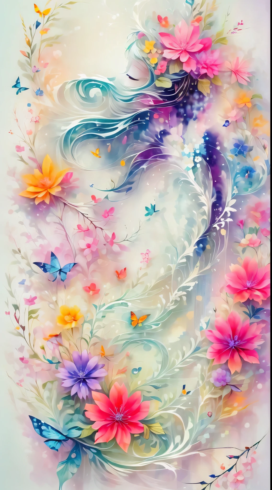 (A silhouette of a beautiful woman,Colorful Gesang flowers),White background,(paper art, Quilted paper art:1.2, geometry:1.1, tangled,3d rendering), (Very colorful, best quality, detailed details, masterpiece, official art, Lighting effects, 4k)