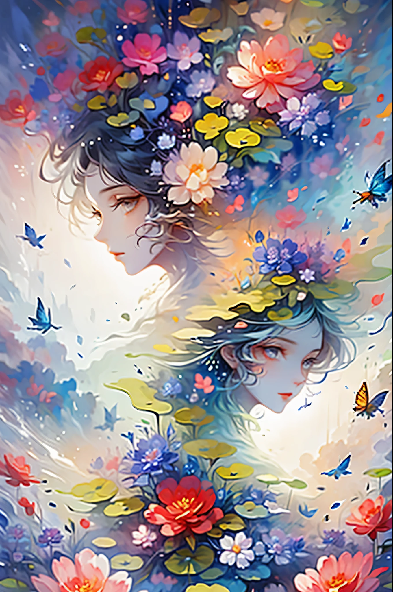 [tarot cards:1.4]，Symmetrical up and down，daughter，Full body female love，Hands together，flowers bloom，（Very detailed:1.1），masterpiece，Super fine，best quality，8k