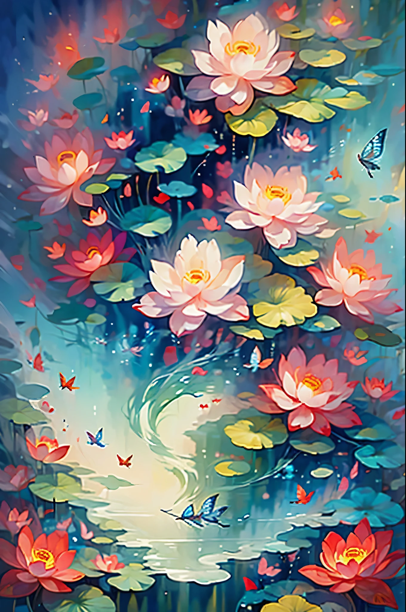 Painting of a pond with water lilies and butterflies - SeaArt AI
