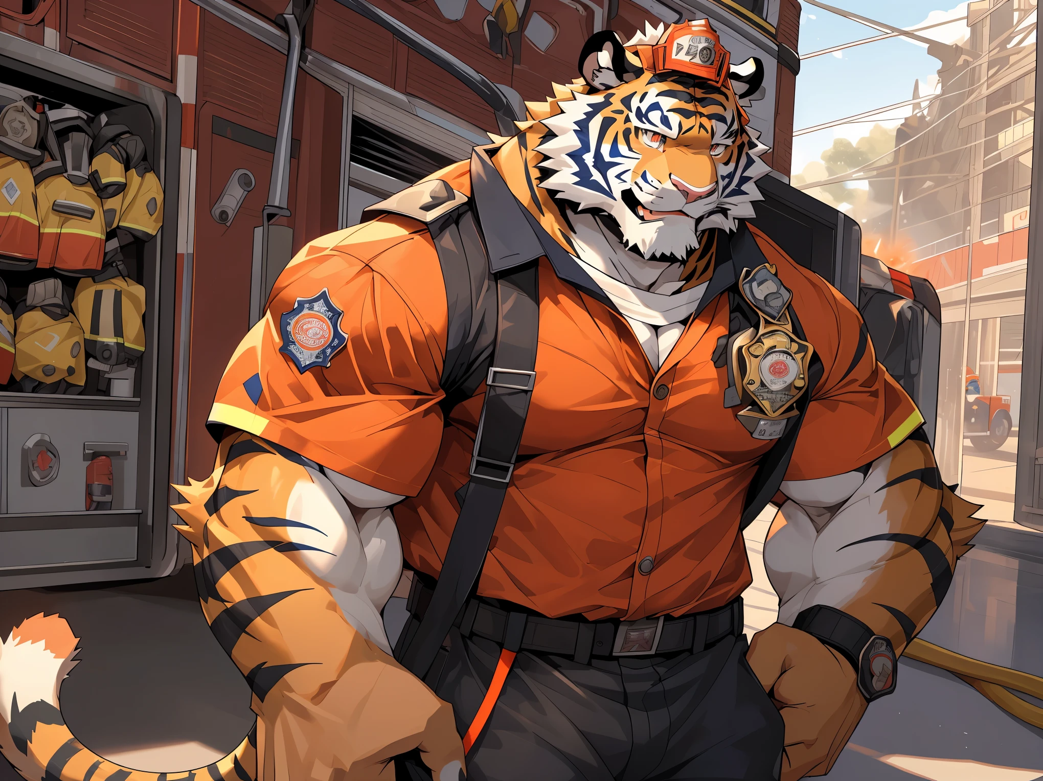 disney,anime character with tiger, tiger_beast, Firmware version, high resolution committee, ((tiger)), gigachad muscular, muscular!!, only, muscular!, anthropomorphic tiger, muscular character, Kushat Konzi, super detailed!!, muscular!!!, beefy, whole body commission, Full body details are very rich,16k,(Full body close-up:1.2),(The two eyes are not the same color，different color pupils:1.3),HD,(colored hair:1.3),(firefighter:1.5),Take Fire station,firefighter attire,firefighter top,firefighter pants,firefighter boots,firefighter helmet)
