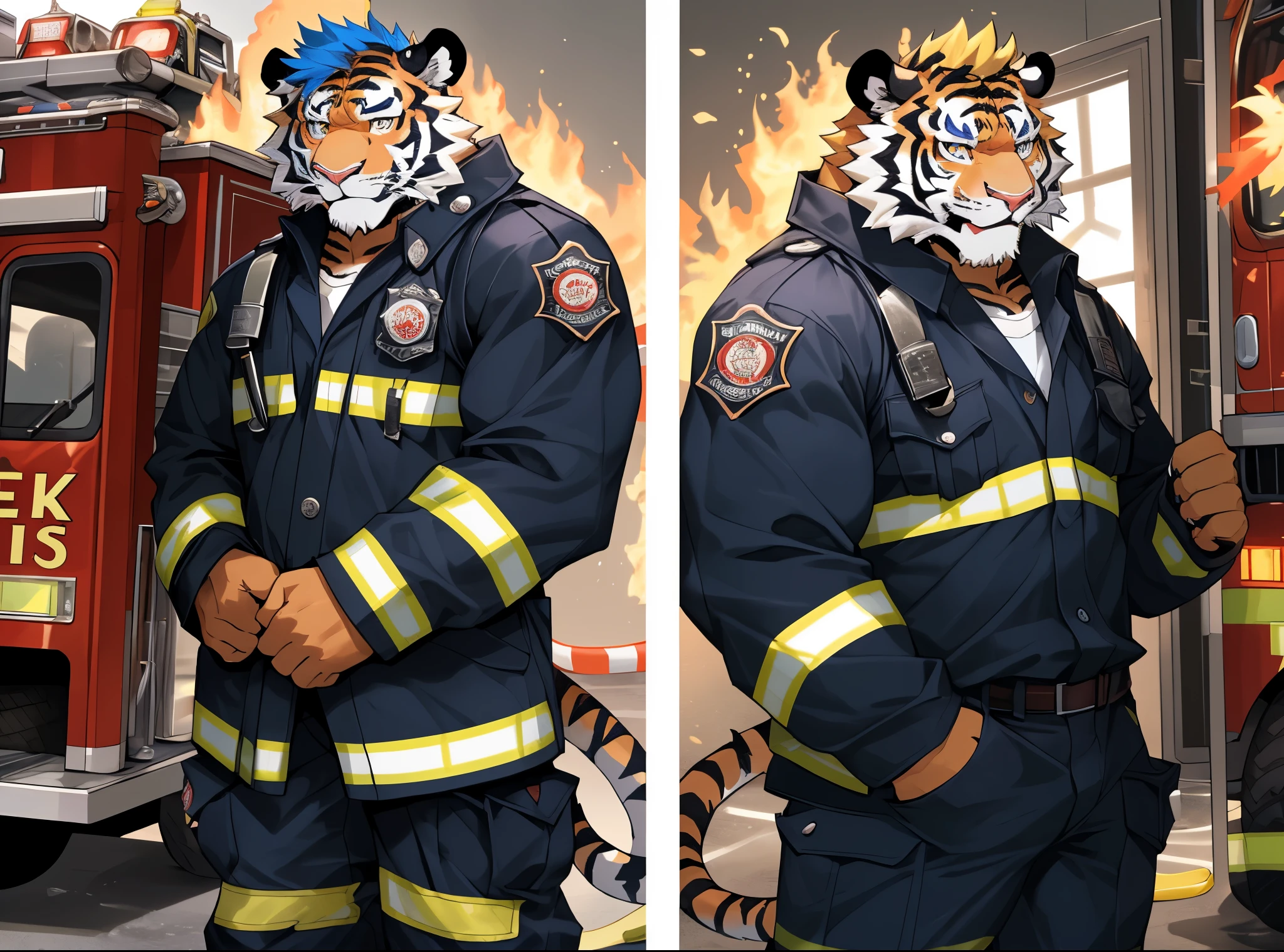 disney,anime character with tiger, tiger_beast, Firmware version, high resolution committee, ((tiger)), gigachad muscular, muscular!!, only, muscular!, anthropomorphic tiger, muscular character, Kushat Konzi, super detailed!!, muscular!!!, beefy, whole body委托, whole body细节非常丰富,16k,(whole body:1.2),(The two eyes are not the same color,Pupils of different colors:1.5),HD,(colored hair:1.5),(firefighter:1.5),Go to the fire station,firefighter attire,firefighter top,firefighter pants,firefighter boots,Member Helmet)