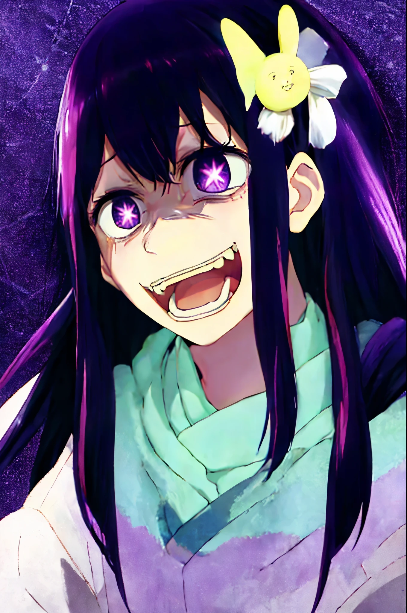 Hoshino Ai, long hair, purple hair, streaked hair ,purple eyes, star-shaped pupils, hair ornament,  crazy smile
scared scared expression
open mouth
clenched teeth