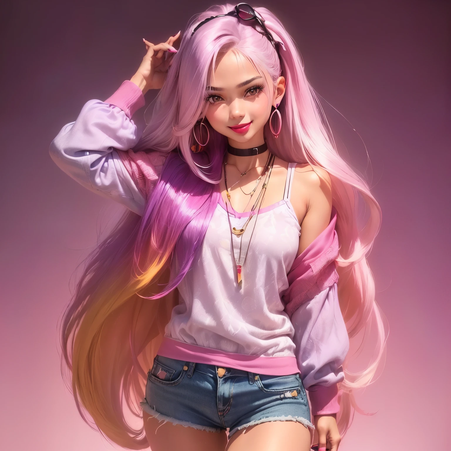1girl, (((solo))), (((beautiful))), (((long loose silky hair, any colour hair))), (((any skin colour))), (((lipstick, any colour lipstick))), (((blush))), (((smile))), ((((casual 90's clothes, fashionable 90's attire, trendy style)))), ((((decent)))), (((stylish accessories))), (((colourful 90's background, any pattern)))