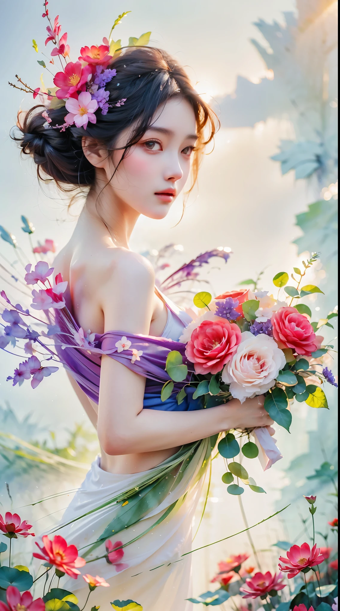 1 girl,flower, Platycodon ,light pink和浅蓝色的风格, Fantasy and romantic works, light pink, ethereal leaves, Interesting arrangement,fantasy, high contrast, ink strokes, explode, overexposure, Impressions of purple and red tones , Abstract, ((Watercolors by John Birkey and Jeremy Mann )) brush stroke, negative space,