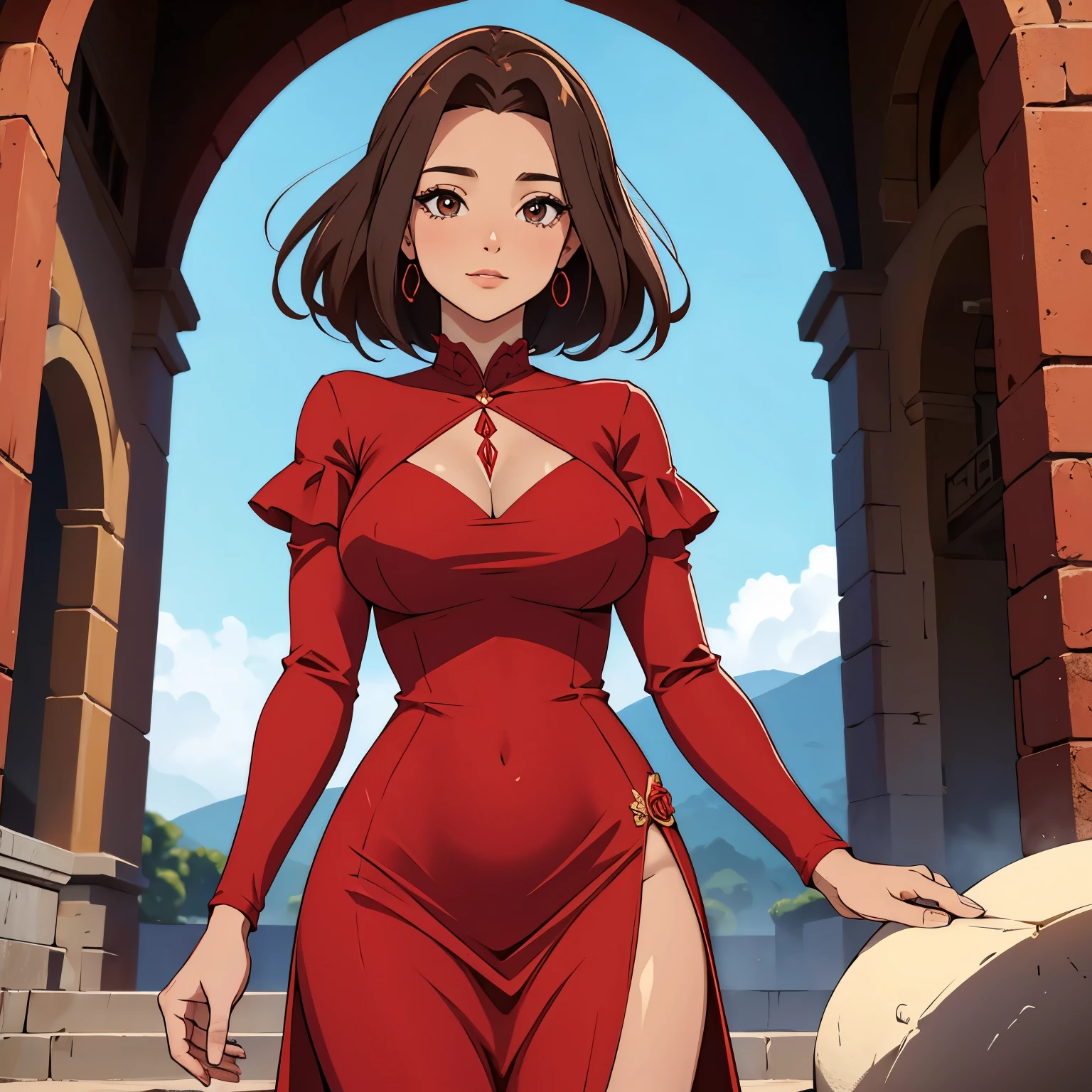 Uma mulher de vestido vermelho com os seios amostra