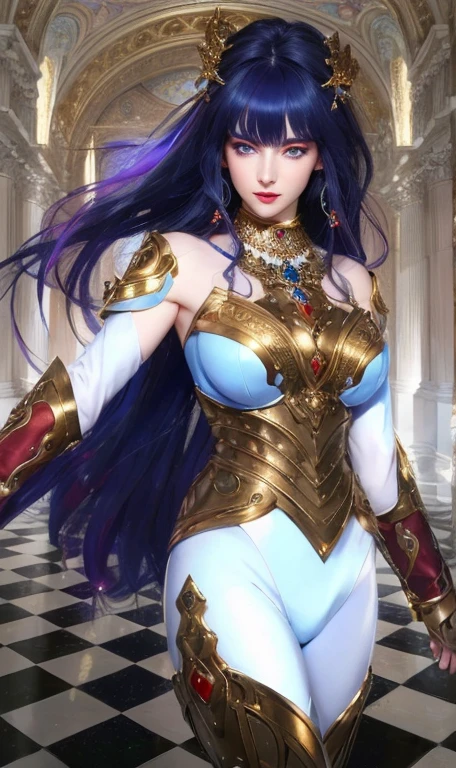 A hyper realistic detailed image of a beautifull woman who has a pale skin long dark blue hair and light blue eyes with red makeup around the eyes, gold jewelry set, 8K photo, realistic full body shot, detailed features, professional, warm lighting.