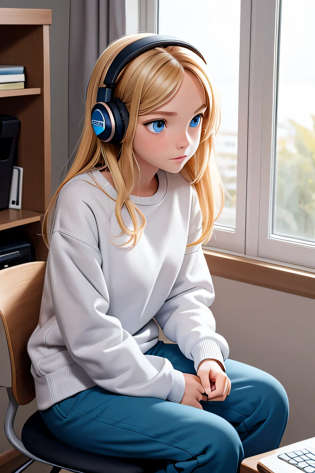 uma em seu quarto, sitting in the chair in front of the table, com fones de ouvido, usando um caderno, Olhando para o computador, She's thin and athletic., wearing comfortable sweatshirt clothes, cotton pants, loiro, olhos azuis.