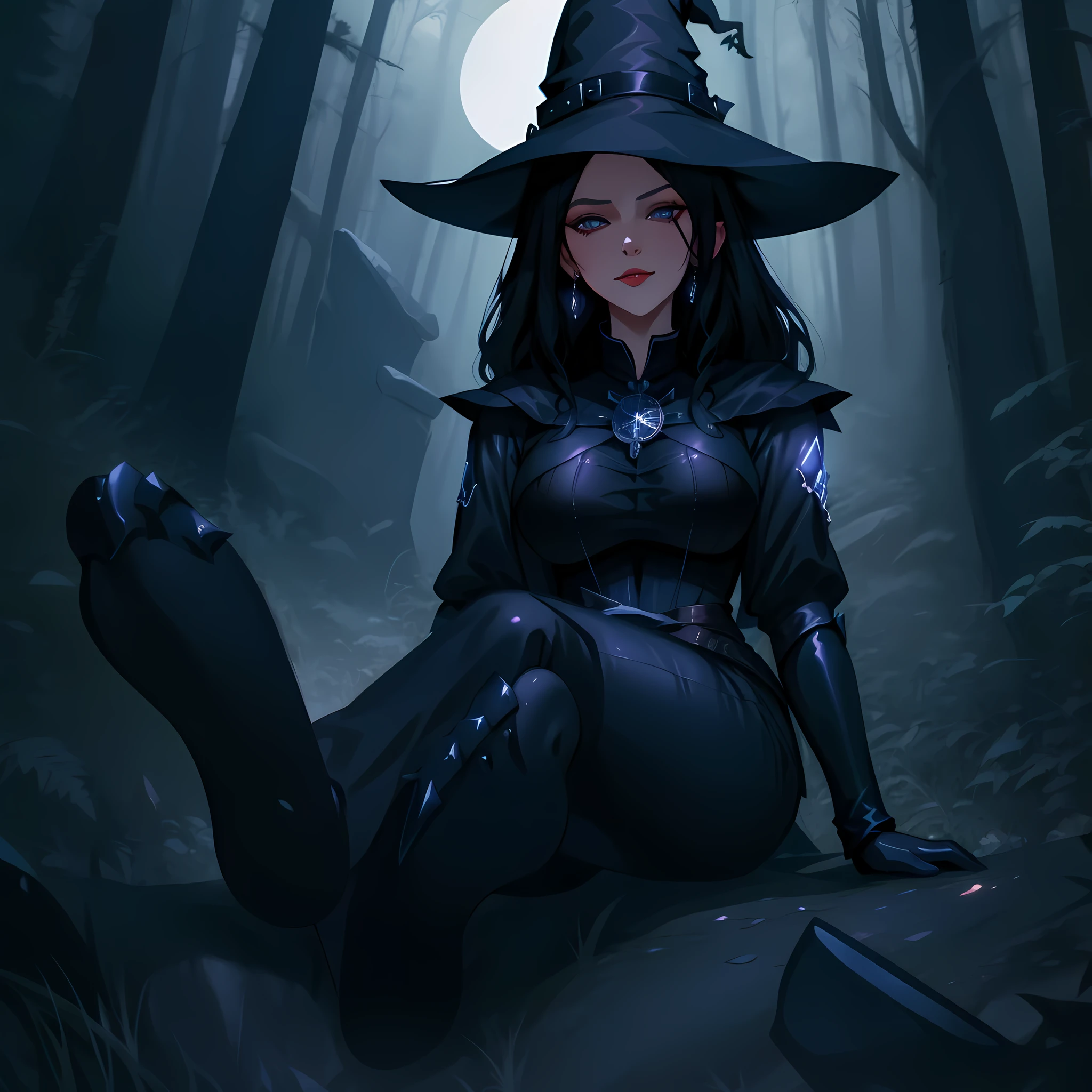 witch sitting on a rock in the woods, black - haired mage, commission for high res, dark witch, classical witch, witch, witch girl, extremely detailed artgerm, yennefer, witchy, fashionable dark witch, dark witch character, scarry but bewitching, a witch, portrait of a witch, castlevania witch