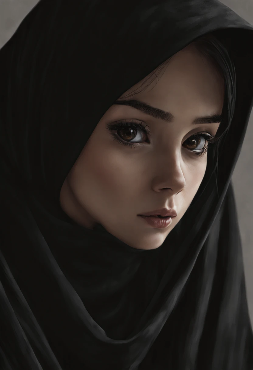 Develop an intricately detailed anime-inspired artwork featuring a close-up of a 24-year-old woman's face, her unadorned eyes gazing out with an uncanny realism. The fine lines and wrinkles around her eyes are rendered with precision, while the subtle nuances of her expression convey a depth of emotion rarely seen in art. She wears a black Abaya and Khimar Hijab, the fabric's texture so finely rendered that it appears to have a life of its own.