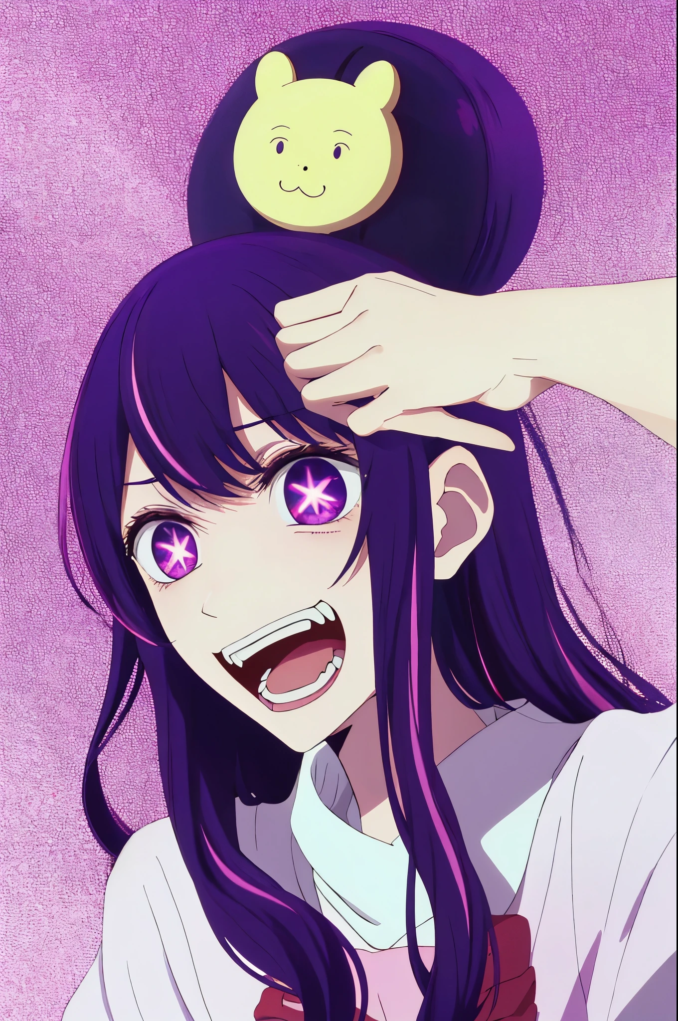 Hoshino Ai, long hair, purple hair, streaked hair ,purple eyes, star-shaped pupils, hair ornament,  crazy smile
scared scared expression
open mouth
clenched teeth