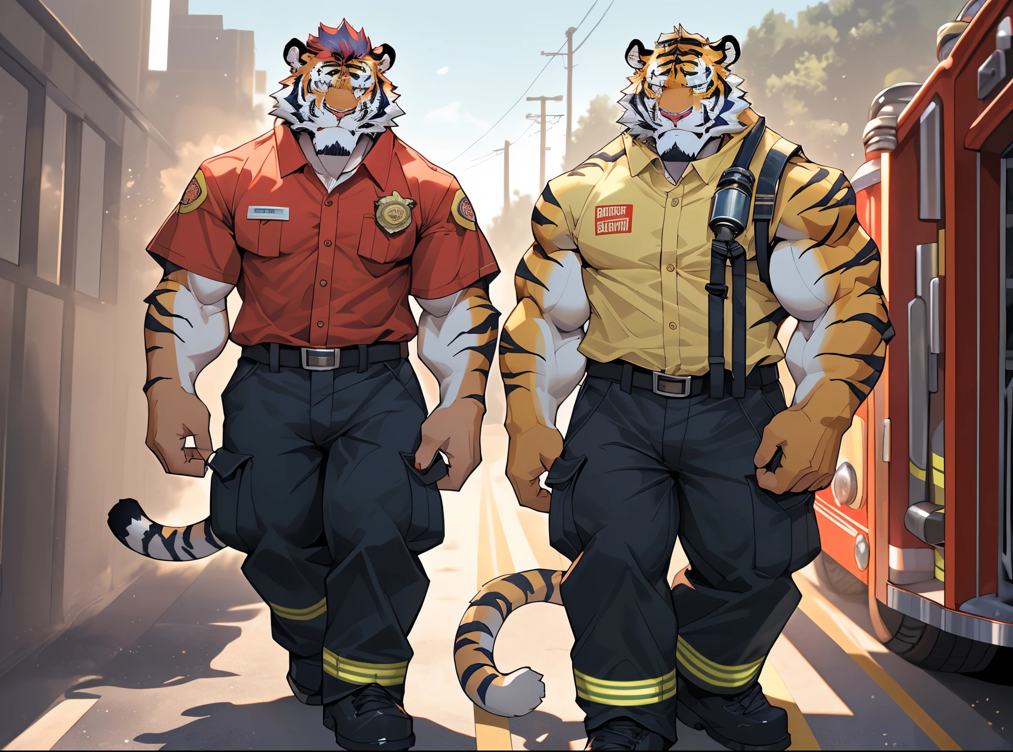 disney,anime character with tiger, tiger_beast, Firmware version, high resolution committee, ((tiger)), gigachad muscular, muscular!!, only, muscular!, anthropomorphic tiger, muscular character, Kushat Konzi, super detailed!!, muscular!!!, beefy, whole body委托, whole body细节非常丰富,16k,(whole body:1.2),(The two eyes are not the same color，different color pupils:1.5),HD,(colored hair:1.5),(firefighter:1.5),Take Fire station,firefighter attire,firefighter top,firefighter pants,firefighter boots,firefighter helmet)