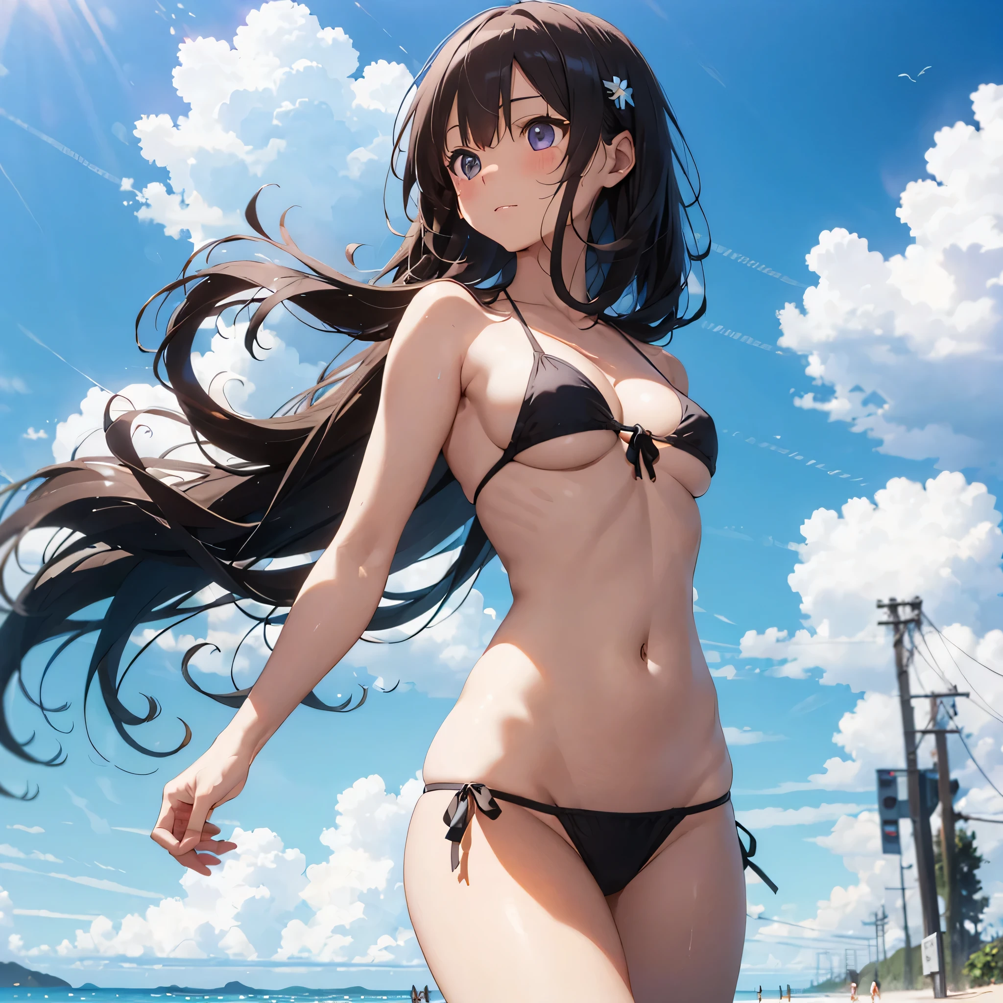 (masterpiece:2.0), (highest quality:2.0), (Running naked on the beach:1.5), (tiny white thong micro bikini:1.5), (super sexy pose:1.5), (look up from below:1.5), (fully exposed shoulders:1.5), (fully exposed nape:1.5), (face turns red:1.5), (cover one's chest with one's hands:1.5), (spill :1.5), (realistic:1.5), 1 very pretty girl, precise small needle, You look embarrassed when you look at me, light smile, innocent face, young face, clear eyes, shining eyes, small breasts, I can see the side boob, I can see your shoulders, I can see the cleavage, no pubic hair, dynamic posing, beautiful skin, Super fine, highest resolution, Japanese high school student, brown hair
