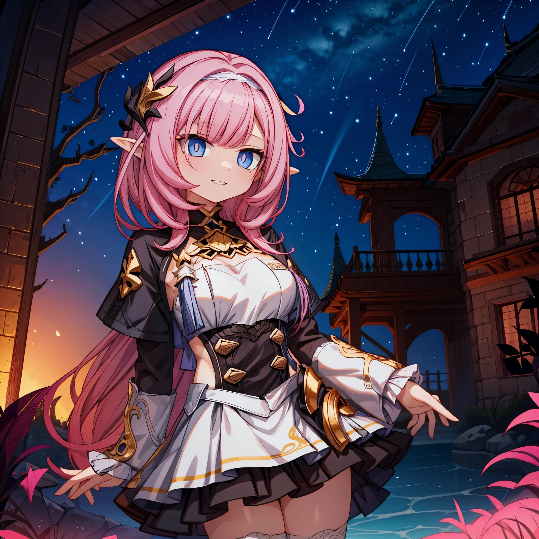 A pink-haired,Fox witch, 26 year old,ultra - detailed, 8K, Unreal Engine 5,The eyes show enchantment and longing,Sitting in the courtyard with a book in hand,耳Nipple Ring,head gear,Clothes are shoulder-baring