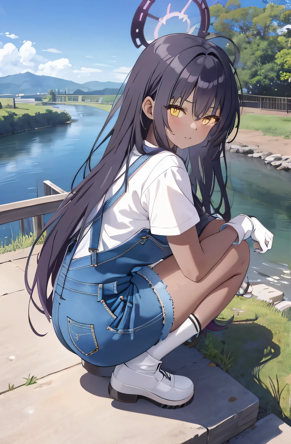 (masterpiece, best quality, detailed), 1girl, solo, karin kakudate, very dark skin, halo, very long hair, tattoo,
overalls, white shirt, short sleeves, white gloves, outdoors, house, rural, village, scenery, path, river, bridge, squatting, from side, from above, happy