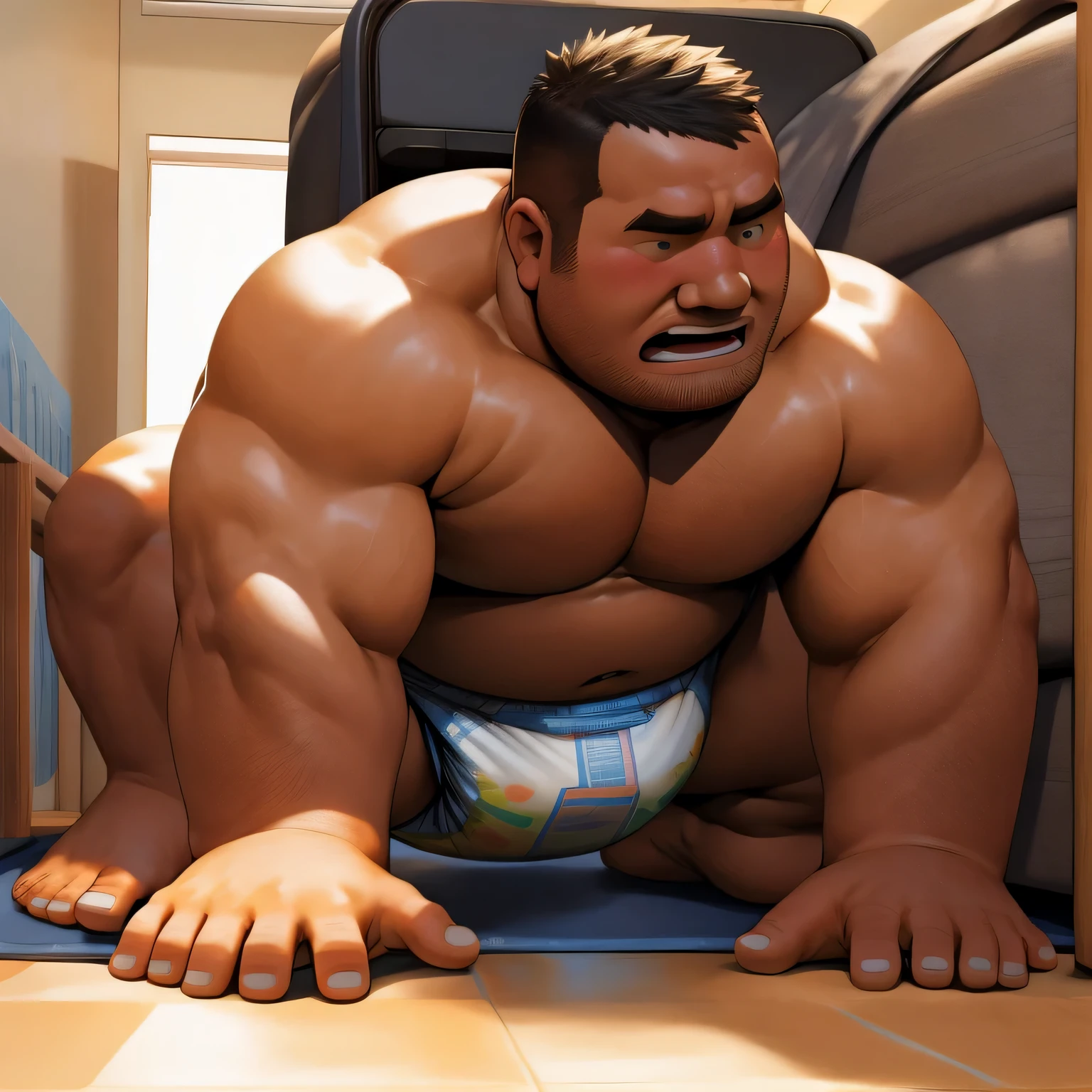 masterpiece, highest quality, At 32K, perfect fingers, very detailed, photo-realistic, the fat man is a cruel prisoner, retarded, human, the 50s, (obesity: 1.0), fatty muscle, bowl leg, disappointment, I was incontinent, the 50s, Children check diapers, There is a small puddle under him, I was incontinent, naked, short legs, bowl leg, spread your legs, wear white cloth diapers, white diaper without pattern, pampers, nakedのお腹, naked足, naked足, nakedの靴底, 上半身naked, wide forehead and short thin hair, A man with a big face and stubble, naked足, nakedの靴底, shy, sob, Drool, round face, vapor, alone, I enter a nursery school, but the children look down on me., He was surrounded by children in playpens., naked足, big ass, white diaper, sob, There is a small puddle under him, sob, he crawls to the children, on all fours