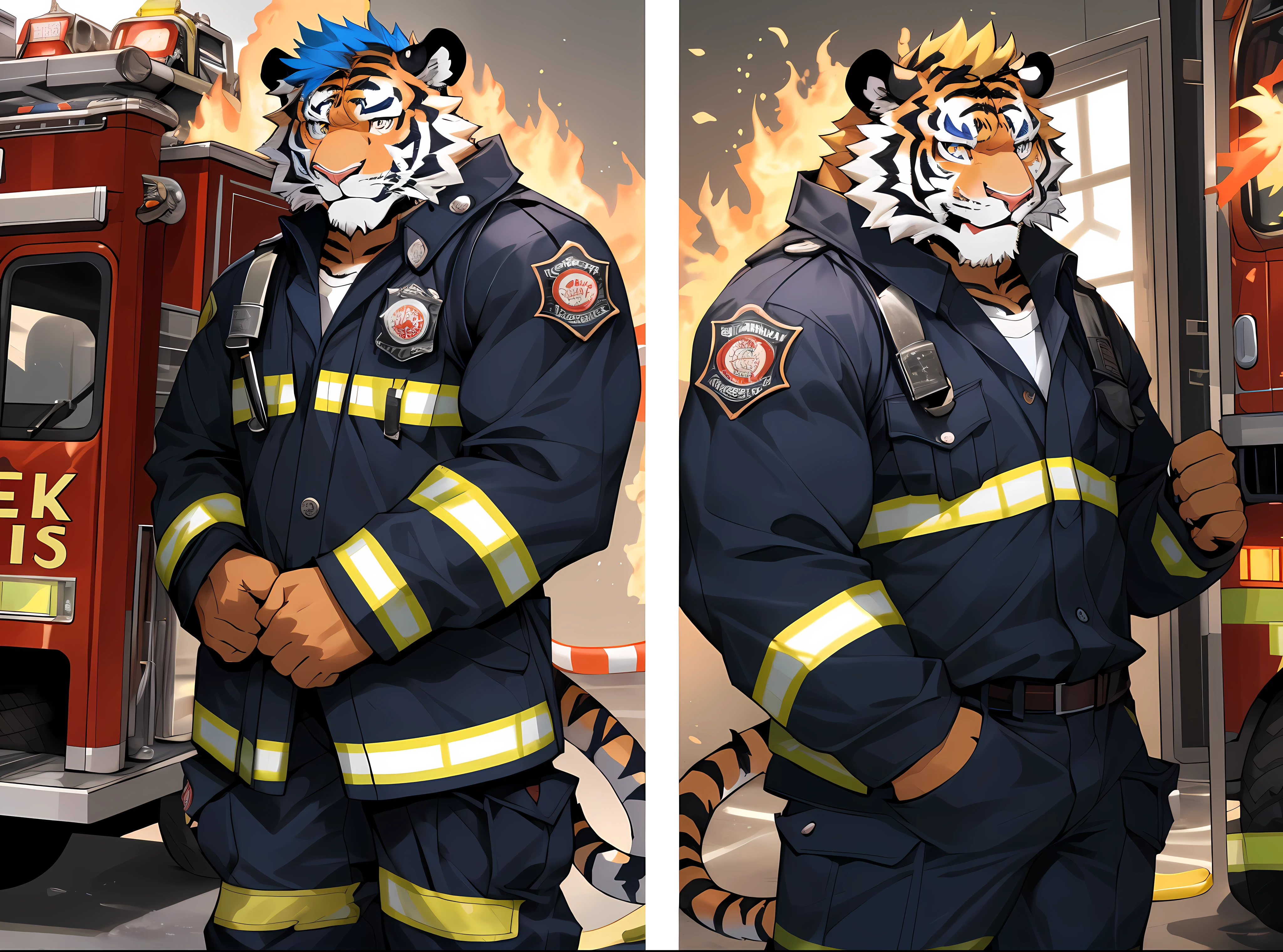 disney,anime character with tiger, tiger_beast, Firmware version, high resolution committee, ((tiger)), gigachad muscular, muscular!!, only, muscular!, anthropomorphic tiger, muscular character, Kushat Konzi, super detailed!!, muscular!!!, beefy, whole body委托, whole body细节非常丰富,16k,(whole body:1.2),(The two eyes are not the same color,students of different colors:1.5),HD,(colored hair:1.5),(firefighter:1.5),go to fire station,firefighter attire,firefighter top,firefighter pants,firefighter boots,Member helmet)