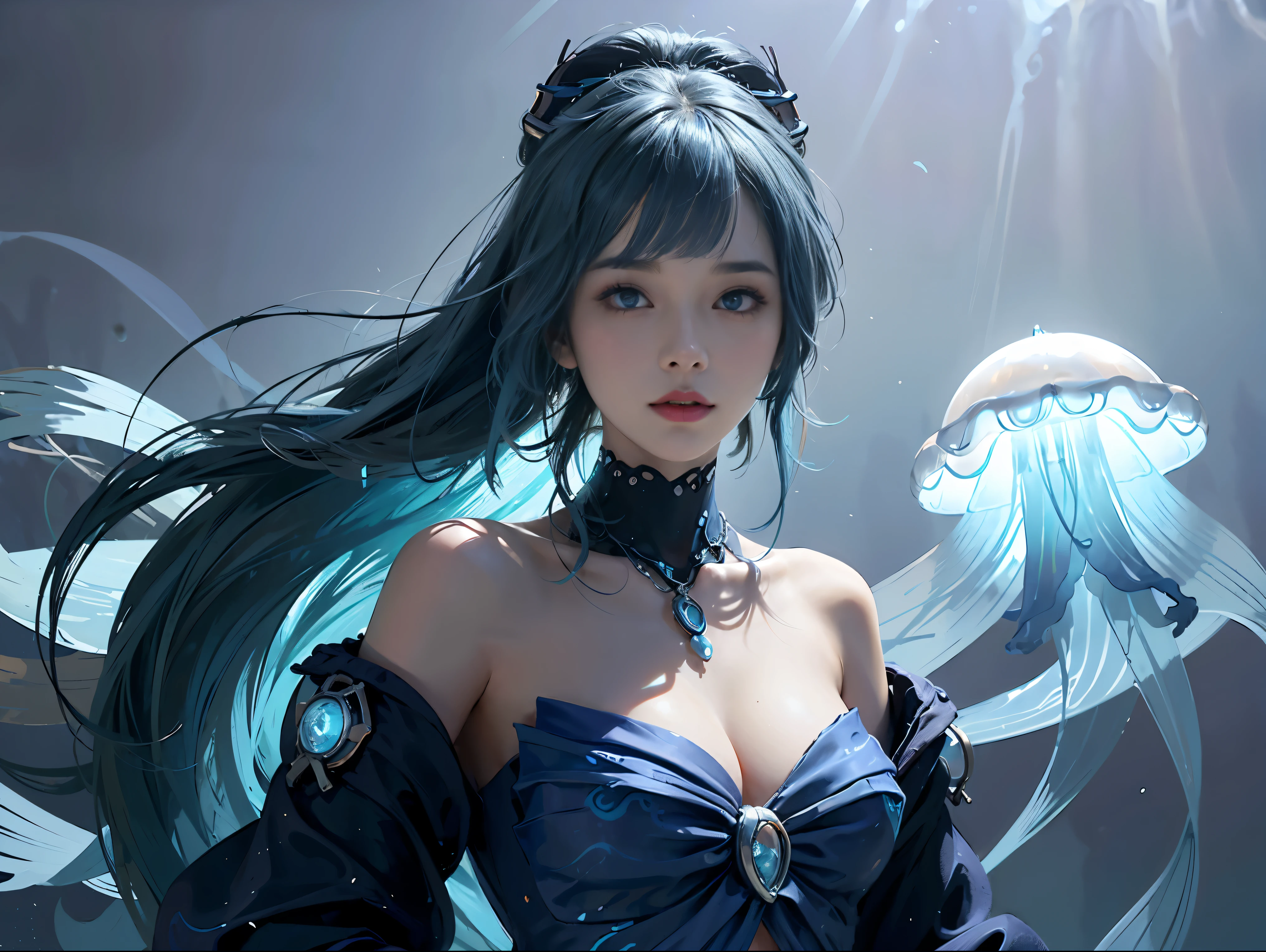 ((masterpiece,best quality)),negative space:1.3,imagine,there is a woman,Has navy blue hair and jelly, There are a lot of aquamarine jellyfish,fine details, Humanoid sea blue female squid girl, light and shadow background, Ocean blue hair and cyan eyes, Cyberpunk Jellyfish,