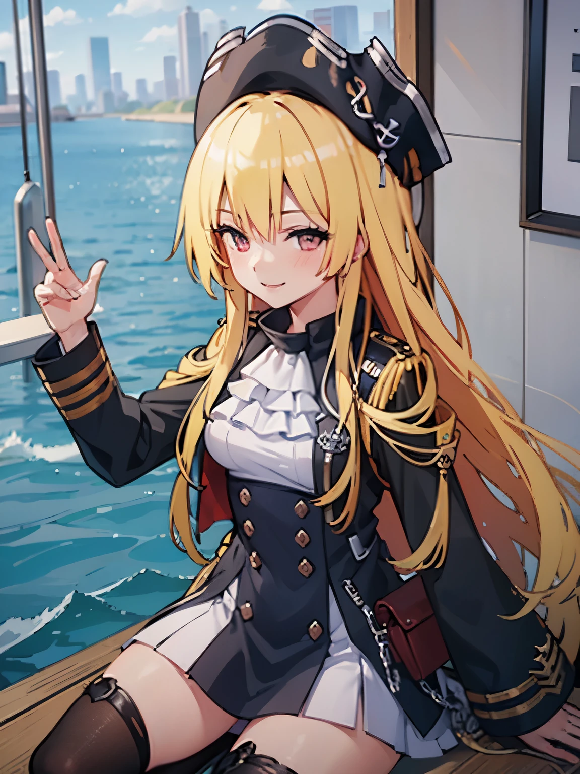 High-definition details, full body vertical painting, blonde pirate, handsome and confident smile, sexy beauty, knee-high socks, boots, high heels, pirate hat, pirate ship, normal hands, jewel-like eyes 4K 8K