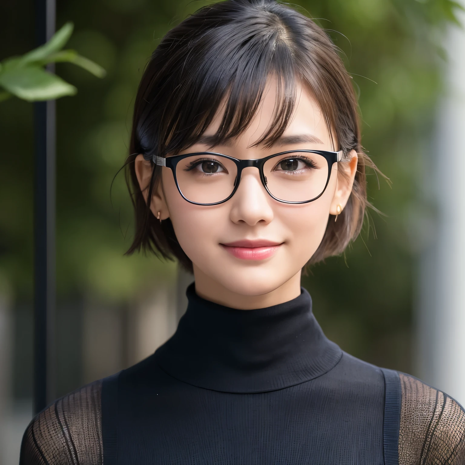 8K、top-quality、masterpiece、超A high resolution、photo-like、SLR、beautiful japanese female、Elegance、There is a good、Gentle face、Beauty of the wind、eye glass、Fashionable glasses、eye glasses、Moist beauty、short-cut、Keep your bangs neat and tidy、Looking down,From below,、The eyes are far away、Transparent atmosphere、Beautiful face、Raised corners of the mouth、drooing eyes、Tanuki face、wrist watch、a necklace、A bracelet、Gradient lighting、Drop long bangs to the side、Girls and men、Delicate skin、Look into the distance、Brown-eyed、up chest、the shape of the chest is clear,、very very gigantic boobs、breasts are large、Raw photography、(pureerosface_v1:0.5)、White All Over Printed Tie Back Halter Top、halterneck、Tieback、Sleeveless、no sleeves、Sleeveless camisole、sleeve less、halterneck、tight fitted、white clothes、、Round Neck、Sexy clothes、Sheer feeling、Take your eyes off、subject、Lean、Look here、Ass big、big butts、bbw、morning sunlight、Morning Home、Station platform、The morning sun is dazzling、station、Waiting for the train、station、smil、sideways Facing、Angle from the side、Angle from a little below、body is turned sideways、be shy、