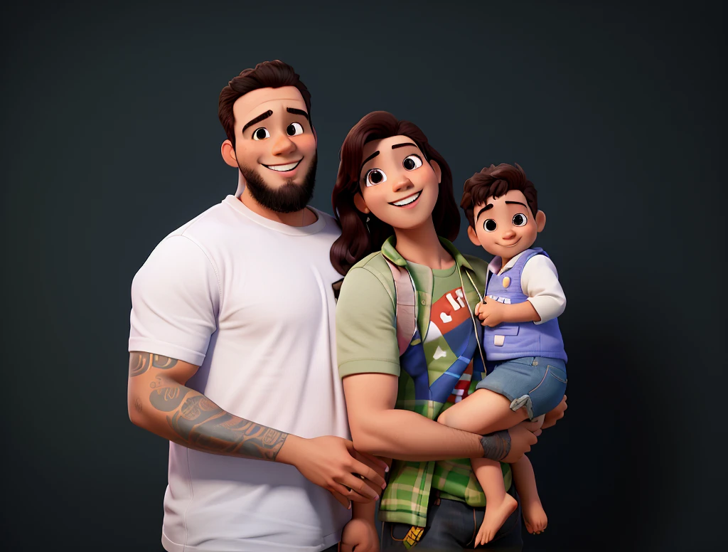 Happy couple with their 10 month old male in their arms, they are in the park on a happy day, igual aos filmes Disney Pixar