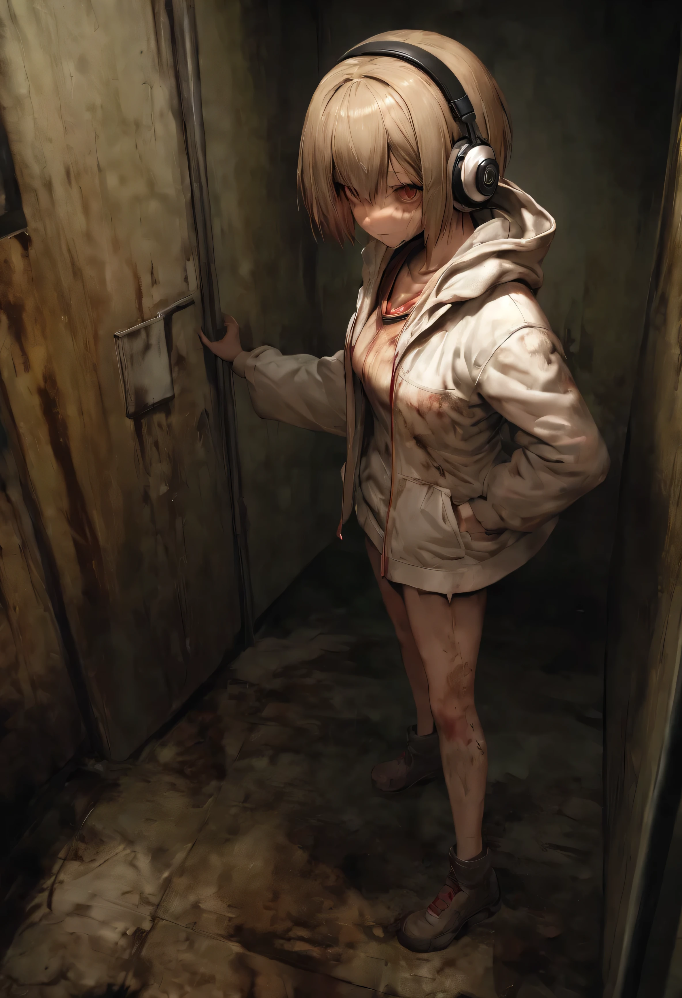 Heather from Silent Hill 3, wearing headphones, in a really dirty bathroom. The image shows the full body, with predominant colors being gray, white, yellow, and red. Shes wearing a white windbreaker jacket, her hair is really short, like a pixie cut.