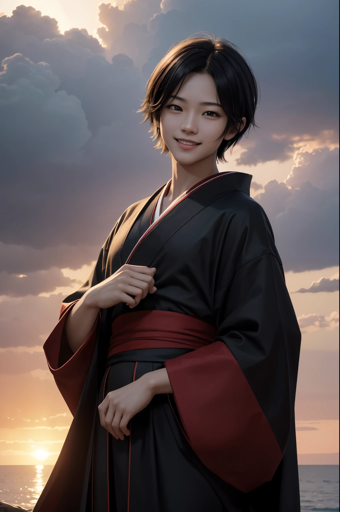 8k、の少年,super handsome(like the real thing),black eyes,black short bob hair,black and red kimono for men,demon slayer boy,Remains,amazing work of art、wind effect:1.9、cloud effect:1.2、full rendering、unreal engine,17 years oldresolution,超realistic skin,Super precise hand details,fantasy art,masterpiece,Photorealistic RAW photos of the highest quality。bright colors,rich colors, Backlight, cinematic lighting, film grain, to be born, 50mm lens, Nikon D850,realistic skin,fantasy art,character art,ultra high resolution,realistic skin,sunset,Big open-mouthed smile,muscular slim body,