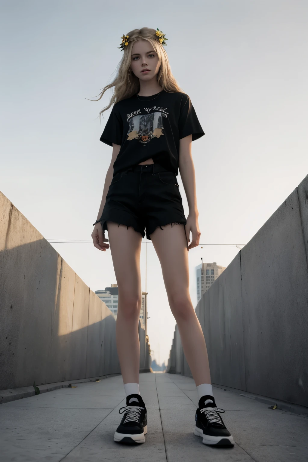 masterpiece, best quality, hyperrealistic, cinematic photo, 12 year old girl, pale skin, American amazing slim body, thight t-shirt, black biker shorts, black sneakers, long blonde wavy hair, flower on head, perfect slender legs, perfect hands, beautiful face, perfect face, youthful, (blured background), modern style, from below, (low-angle shoot), low_angle_human, towering, (full body shot), standing, leaning, underneath shot, (view viewer), looking at viewer,(8k, epic composition, photorealistic, sharp focus), sophisticated background, small plane on sky, Outside a park, DSLR, foil grain, backlight