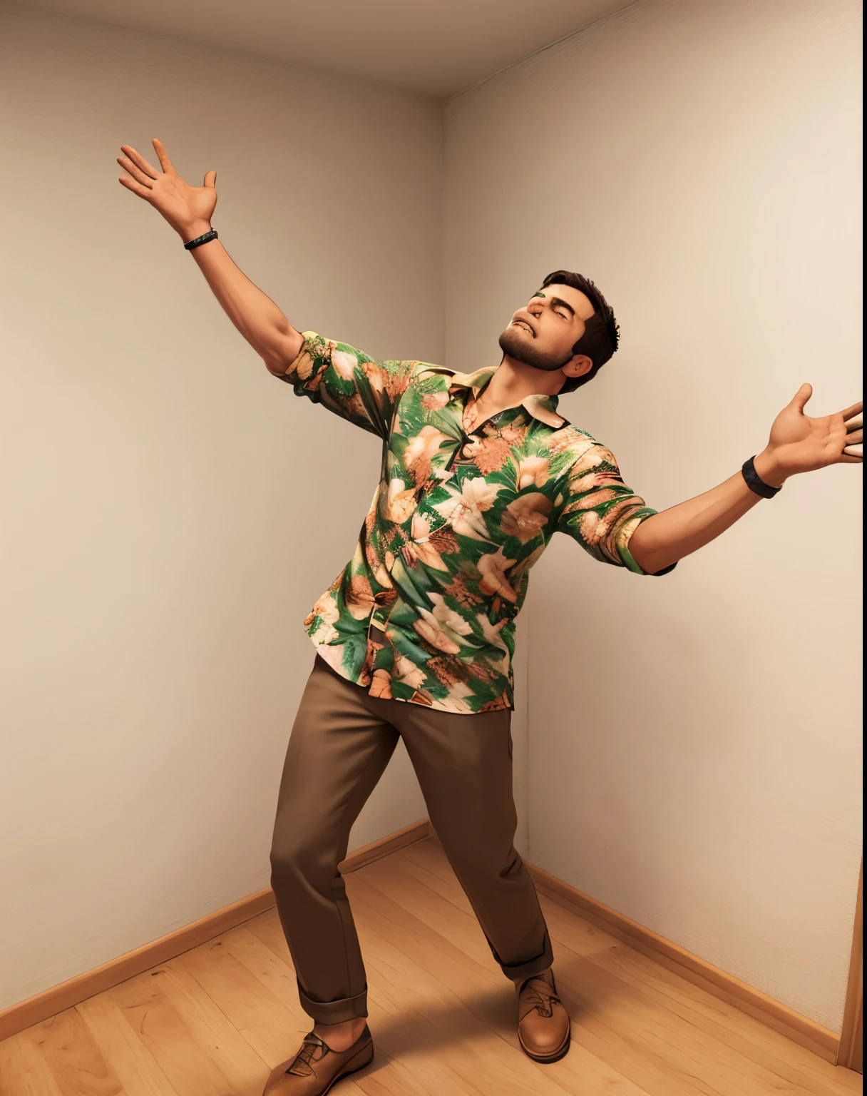 A man stands in the room with his arms outstretched, With Hawaiian shirt