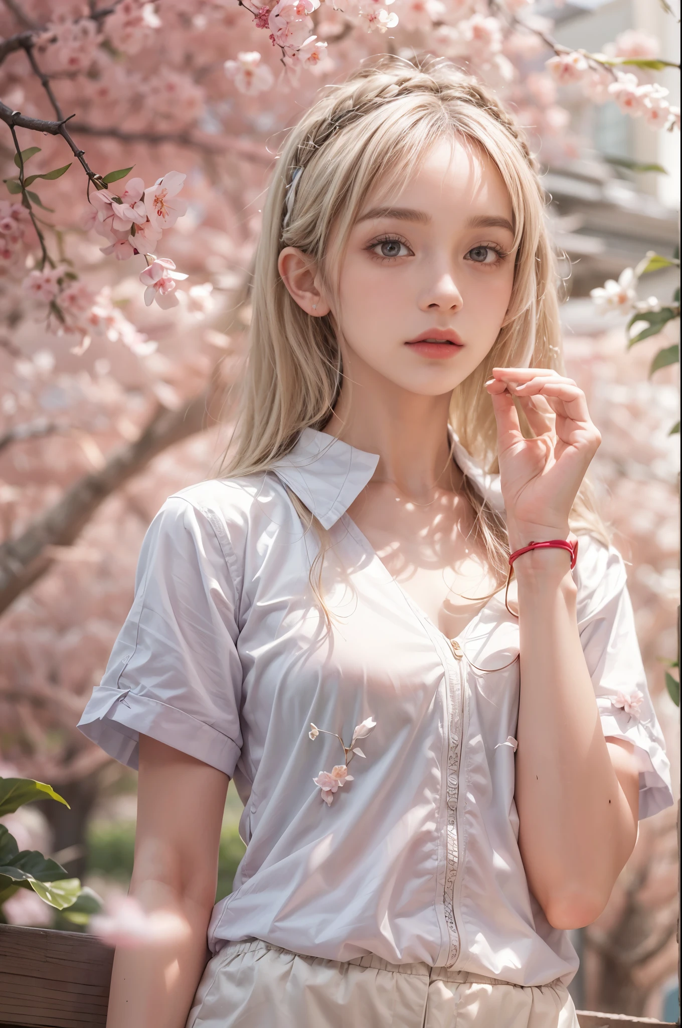 masterpiece, best quality, high quality, High definition, High quality texture, High quality shadow, high detail, beautiful detailed, finely detailed, extremely detailed cg, detailed texture, a realistic representation of the face, realistic, colorful, delicate, sharp focus, (intricate details, makeup, PureErosFace_V1:0.5), (detailed beautiful delicate face, detailed beautiful delicate eyes, a face of perfect proportion, high detailed skin, detailed skin, best ratio four finger and one thumb, skiny and thin:1.3), 1girl, , tall, (smooth_abs:1.55), (abs:0.5), pretty, masterpiece, highres, (long_skinny_legs), (straight_legs), (skinny_waist), (((fair skin))), white skin, (((pale skin))), pink sports Bandeau, (school_uniform:swim_suits:0.5), white shorts, standing legs apart, looking at viewer, pink sports shoes, glasses, (Emma_watson), big_breast, (((Caucasian))), Light blonde hair, pink and white, sakura leaves, outdoor garden
