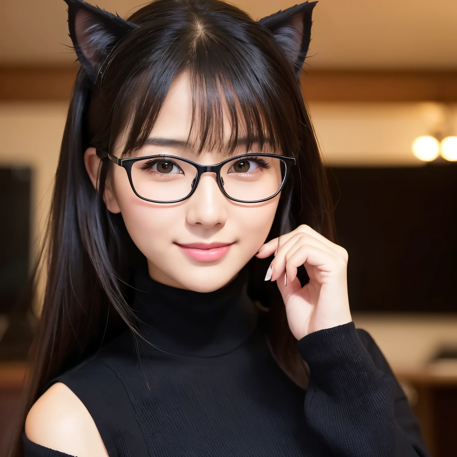 (highest quality、table top、8k、best image quality、ultra high resolution、Award-winning work)、one beautiful woman、(Classy glasses:1.1)、(realistic black cat ears:1.1)、accurate anatomy、(close up of face:1.1)、(black turtleneck long knit sweater:1.1)、ultra high resolutionの艶と潤いのある美肌、ultra high resolutionの美しい顔、ultra high resolutionの煌めく瞳、ultra high resolutionの完璧な歯、ultra high resolutionの髪の毛、look at me and smile、blurred background