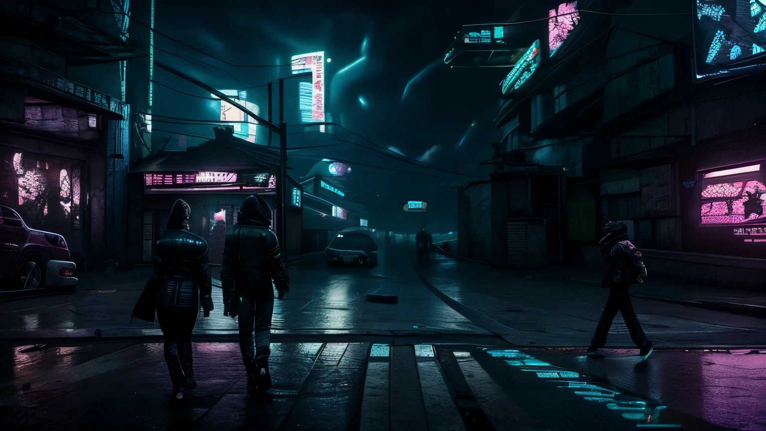 people walking down a street, cyberpunk, surreal