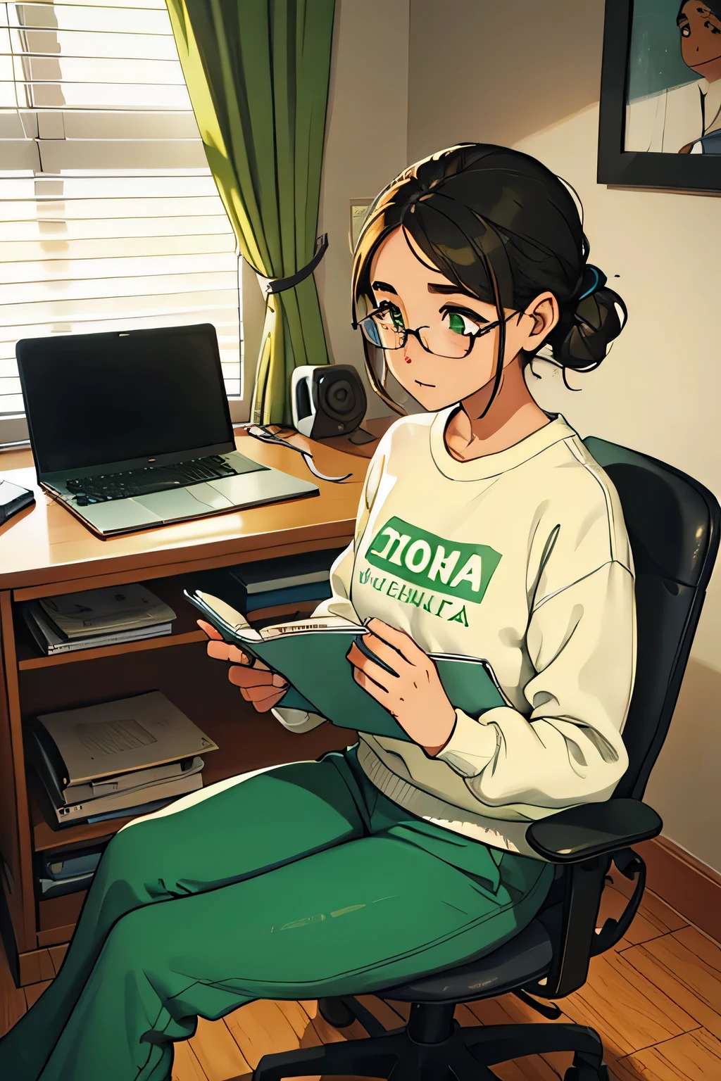 Uma garota em seu quarto, sitting in the chair in front of the table, com fones de ouvido, usando um caderno de notas, Intenso, She's thin and athletic., wearing comfortable sweatshirt clothes, cotton pants, loira, olhos verdes.