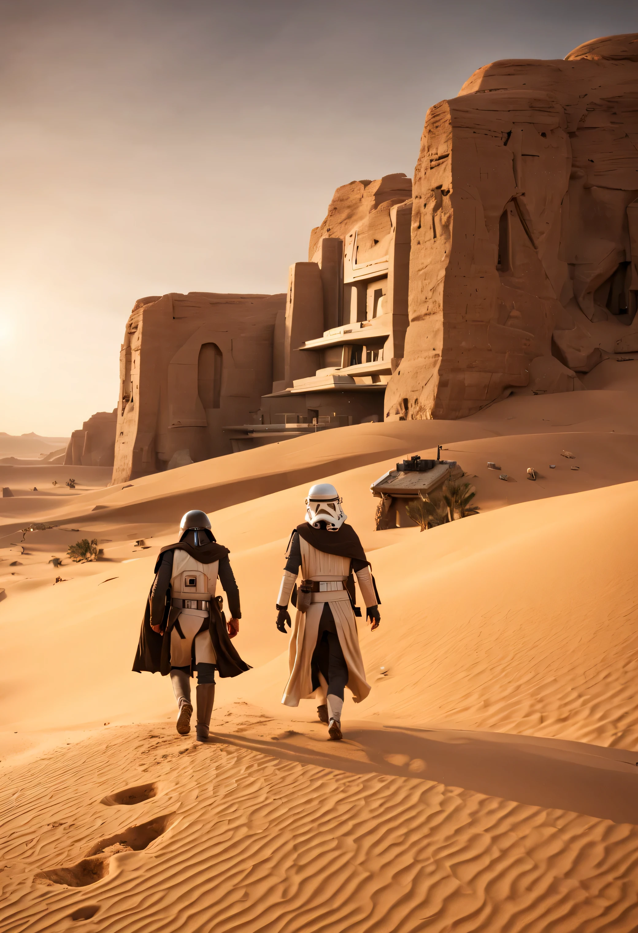 cinematic shot of a jedi walking in tatooine, science fiction, star wars architecture, volumetric lighting, sand, desert, cinematic lighting, imax, dslr