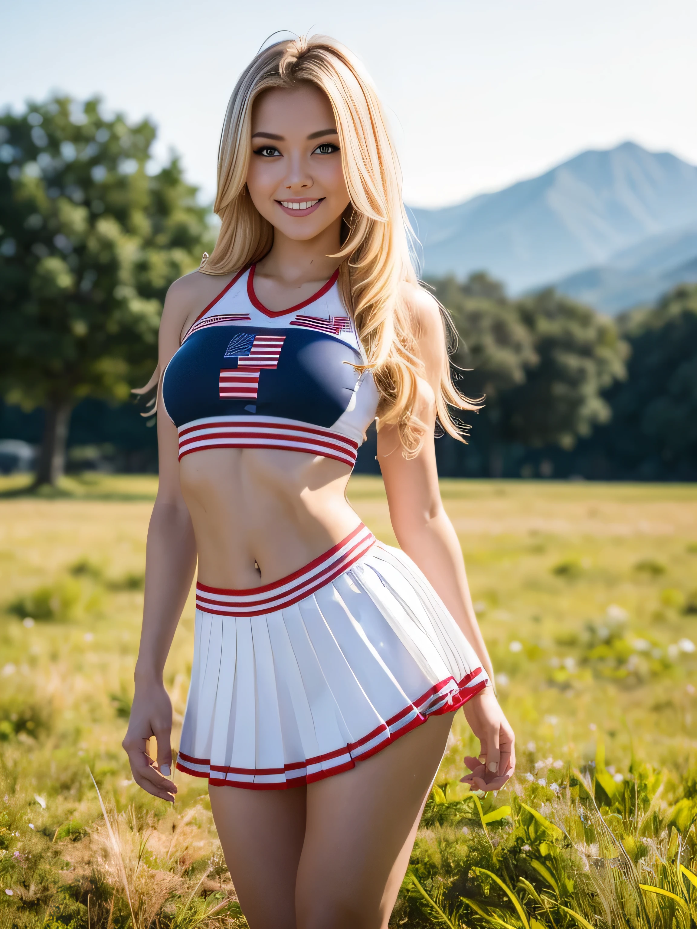 USA Cheerleader, wearing USA miniskirt skirt, chinese model, blonde wavy hair, 20 year old, 8K - Knee Shot, Top Quality, Hour Glass Body, flirty smile, flirty pose, in the grass field. Peperfect hair, perfect hands, perfect face, large breasts, perfect eyes, accurate, anatomically correct, perfect clear and crisp focus, UHD, masterpiece