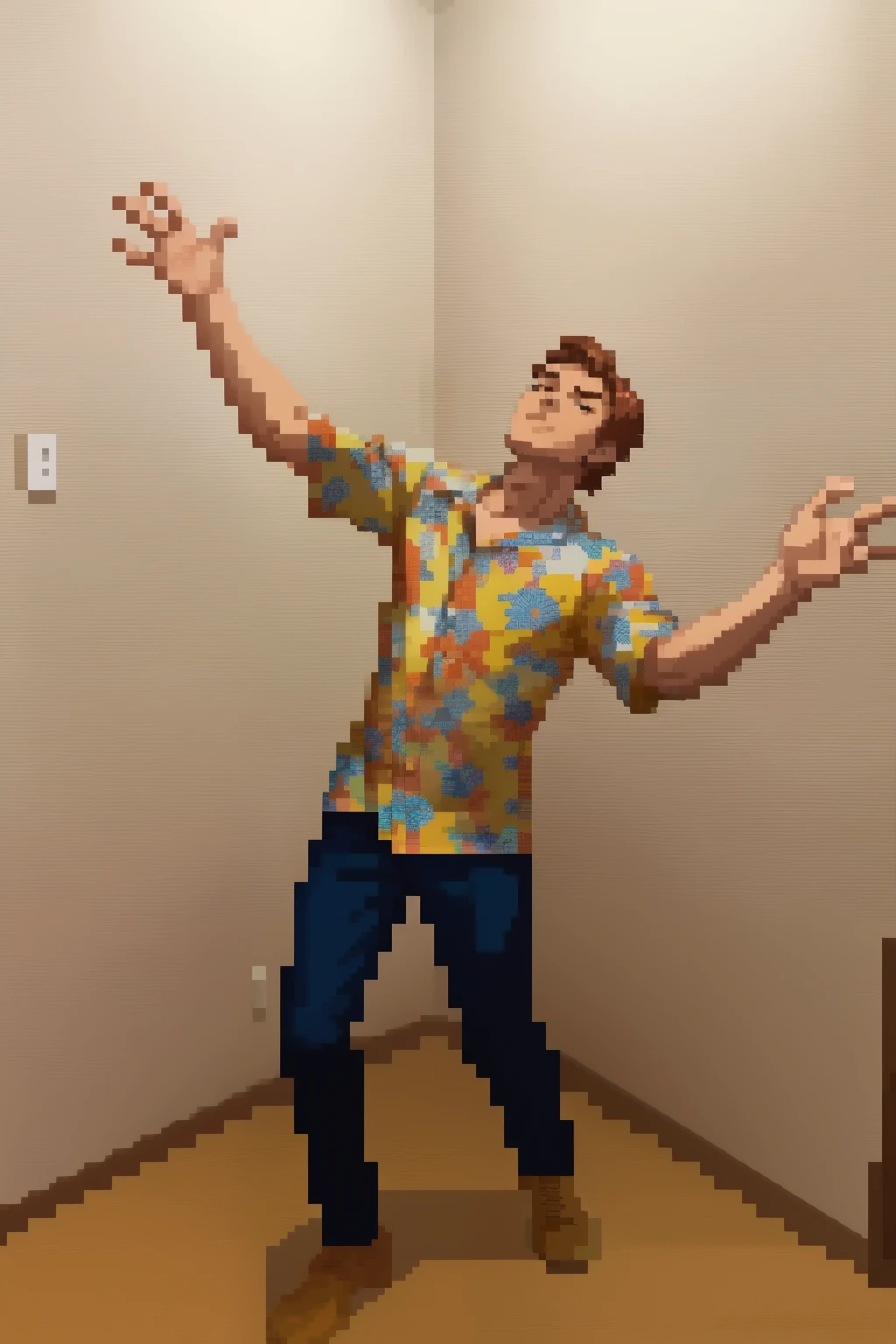 there is a man standing in a room with his arms outstretched, t pose, t - pose, t-pose, doing a majestic pose, in an action pose, distorted pose, action pose, with hawaiian shirt, doing a hot majestic pose, cool pose, posing like a statue, with a cool pose, 